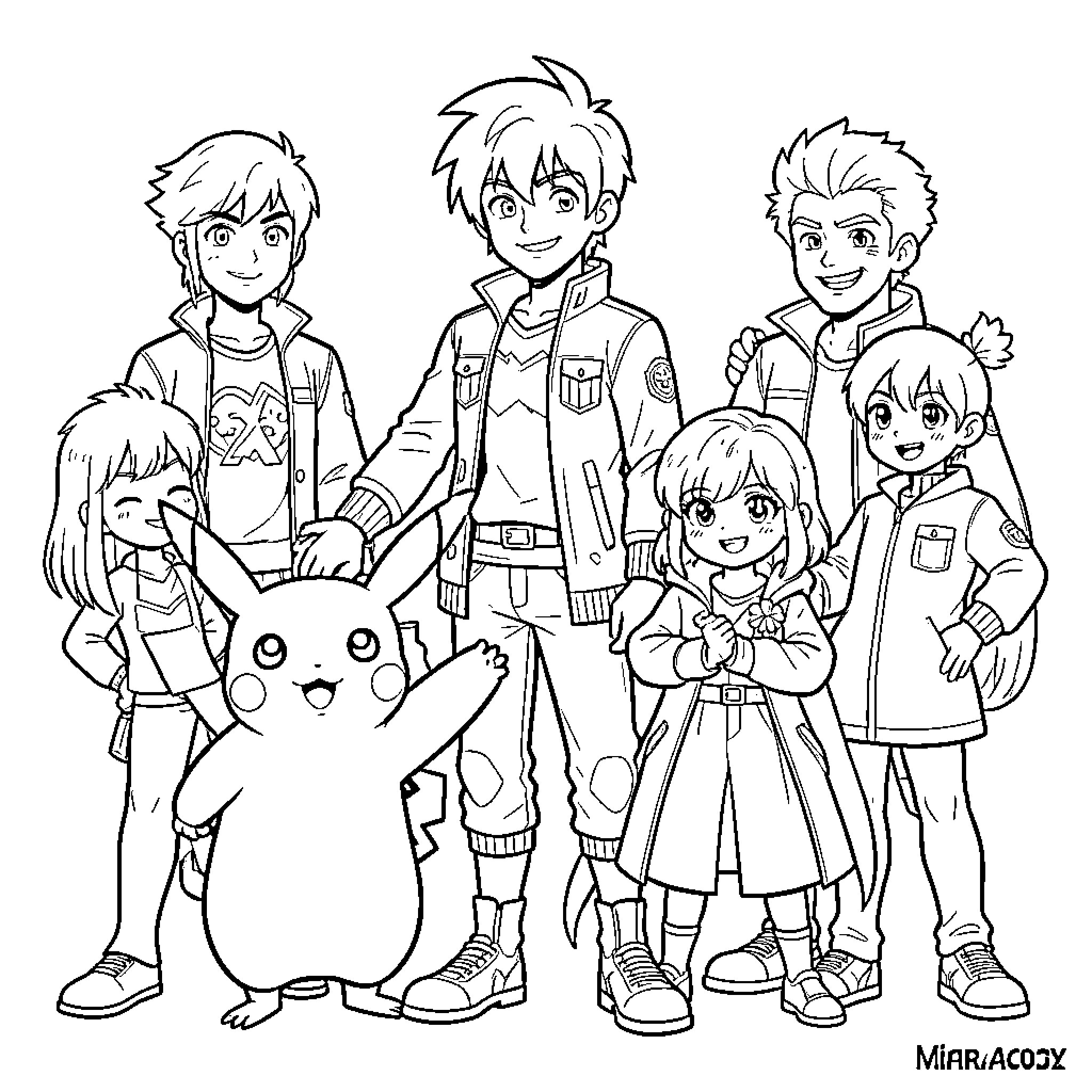 Pikachu posing with a group of happy friends Coloring Page (free black-and-white line drawing printable PDF for all, from beginners to advanced learners, including children, teens, adults, and seniors)
