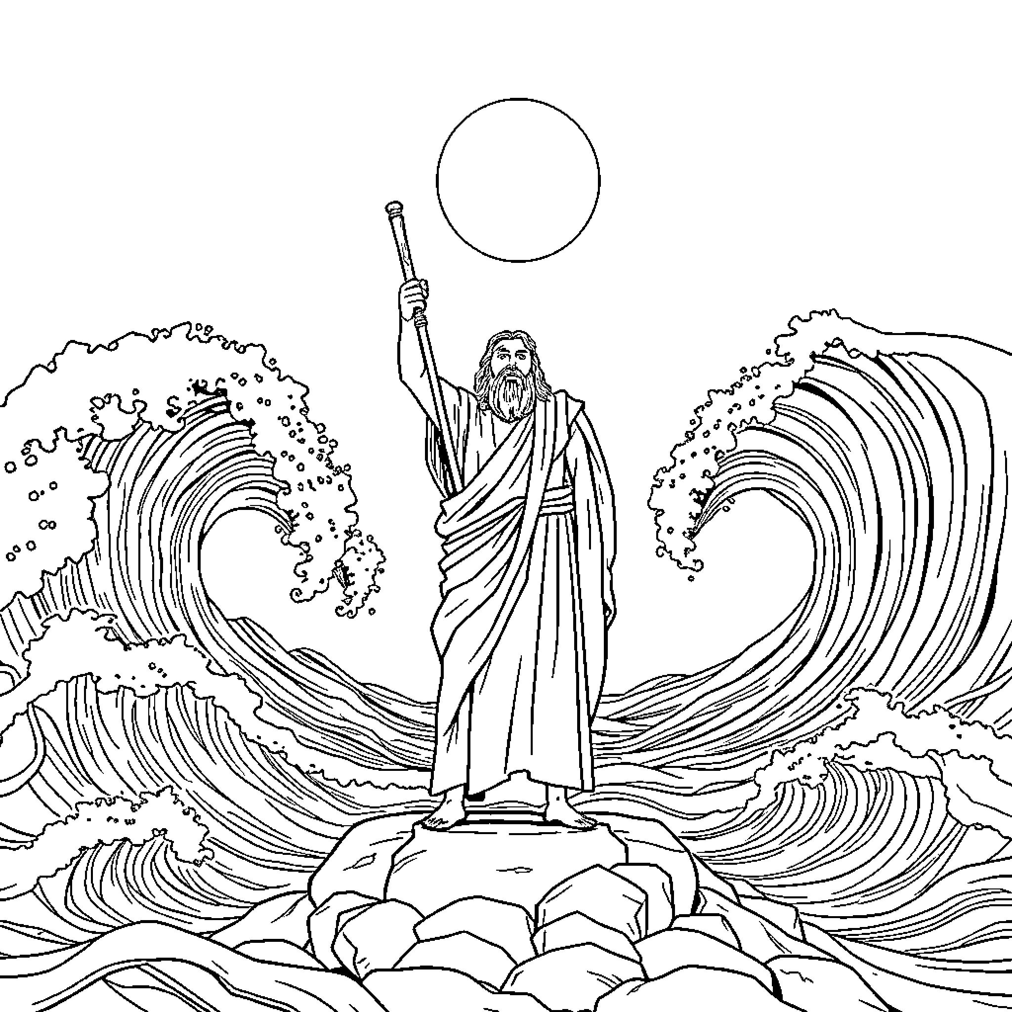 Moses commanding the seas to part Coloring Page (free black-and-white line drawing printable PDF for all, from beginners to advanced learners, including children, teens, adults, and seniors)