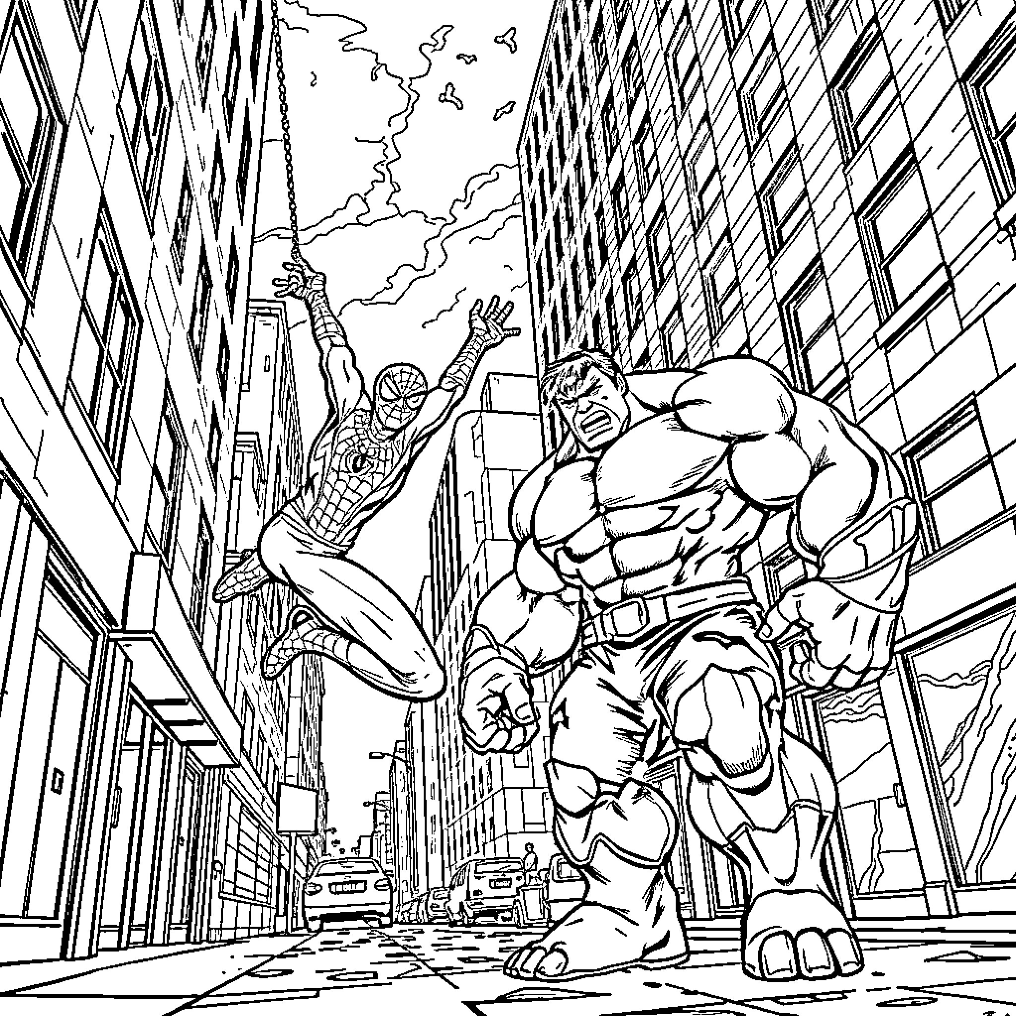 Spiderman confronts a muscular villain in the city Coloring Page (free black-and-white line drawing printable PDF for all, from beginners to advanced learners, including children, teens, adults, and seniors)