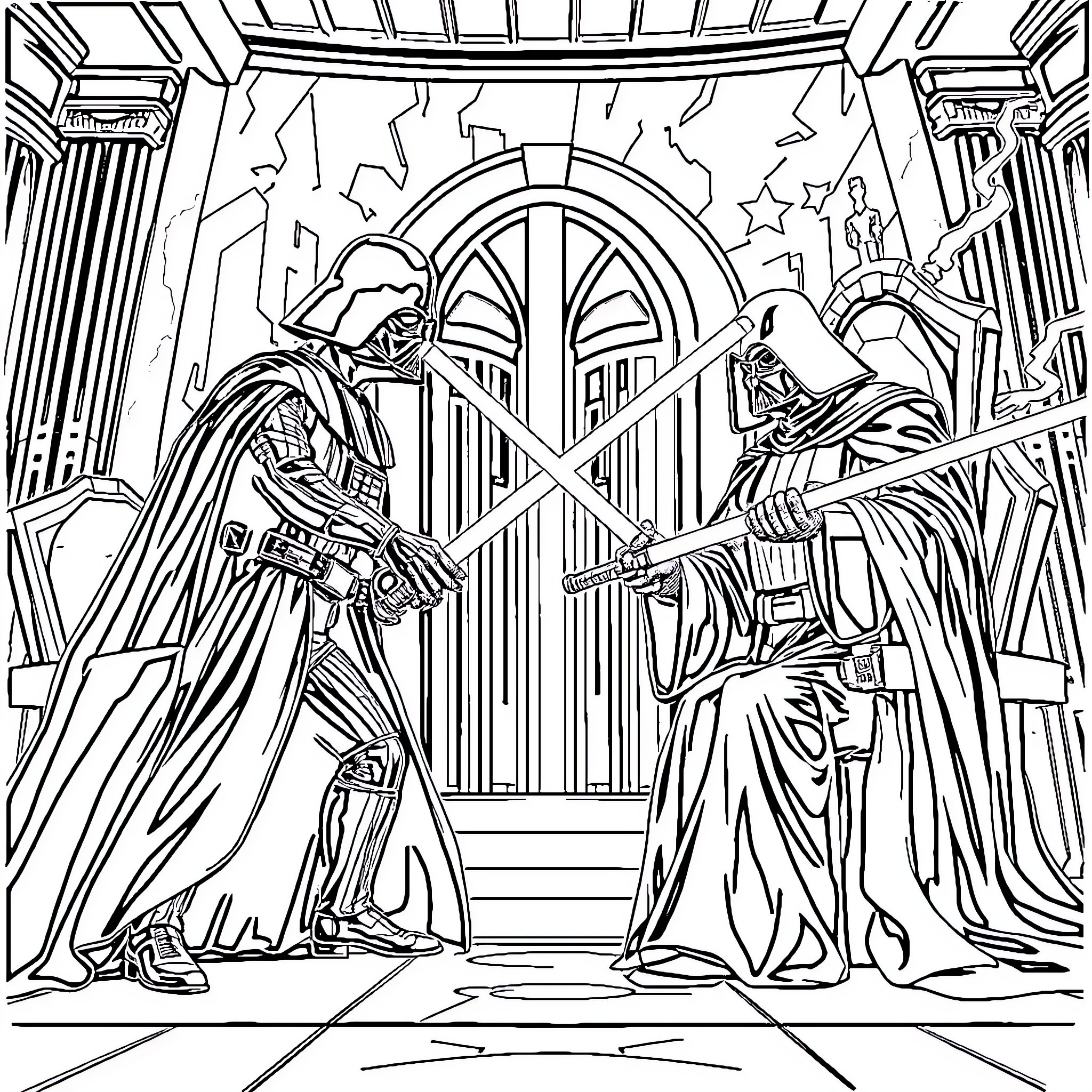Darth Vader and Jedi Duel in Imperial Palace Coloring Page (free black-and-white line drawing printable PDF for all, from beginners to advanced learners, including children, teens, adults, and seniors)