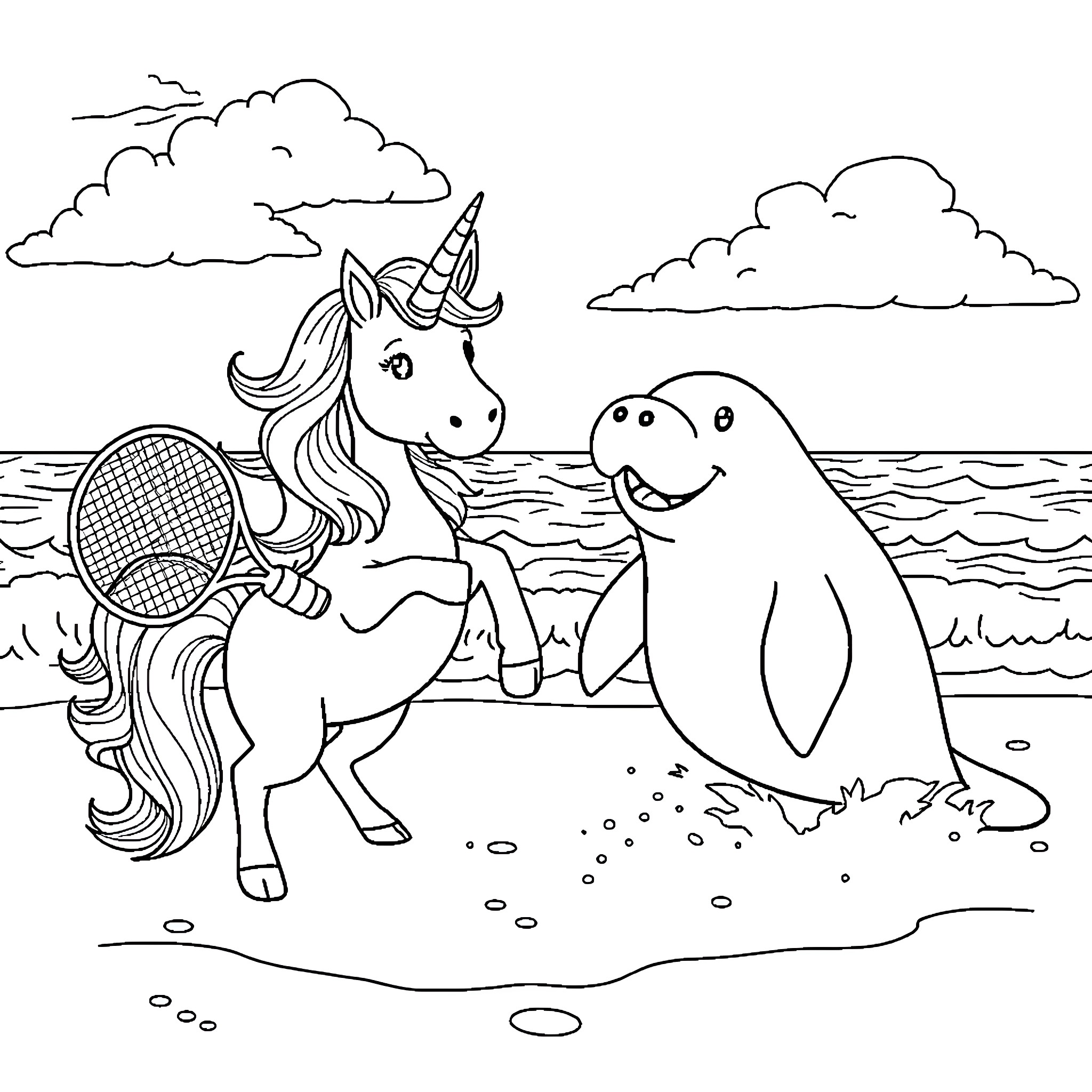 Unicorn and dolphin playing on the beach Coloring Page (free black-and-white line drawing printable PDF for all, from beginners to advanced learners, including children, teens, adults, and seniors)