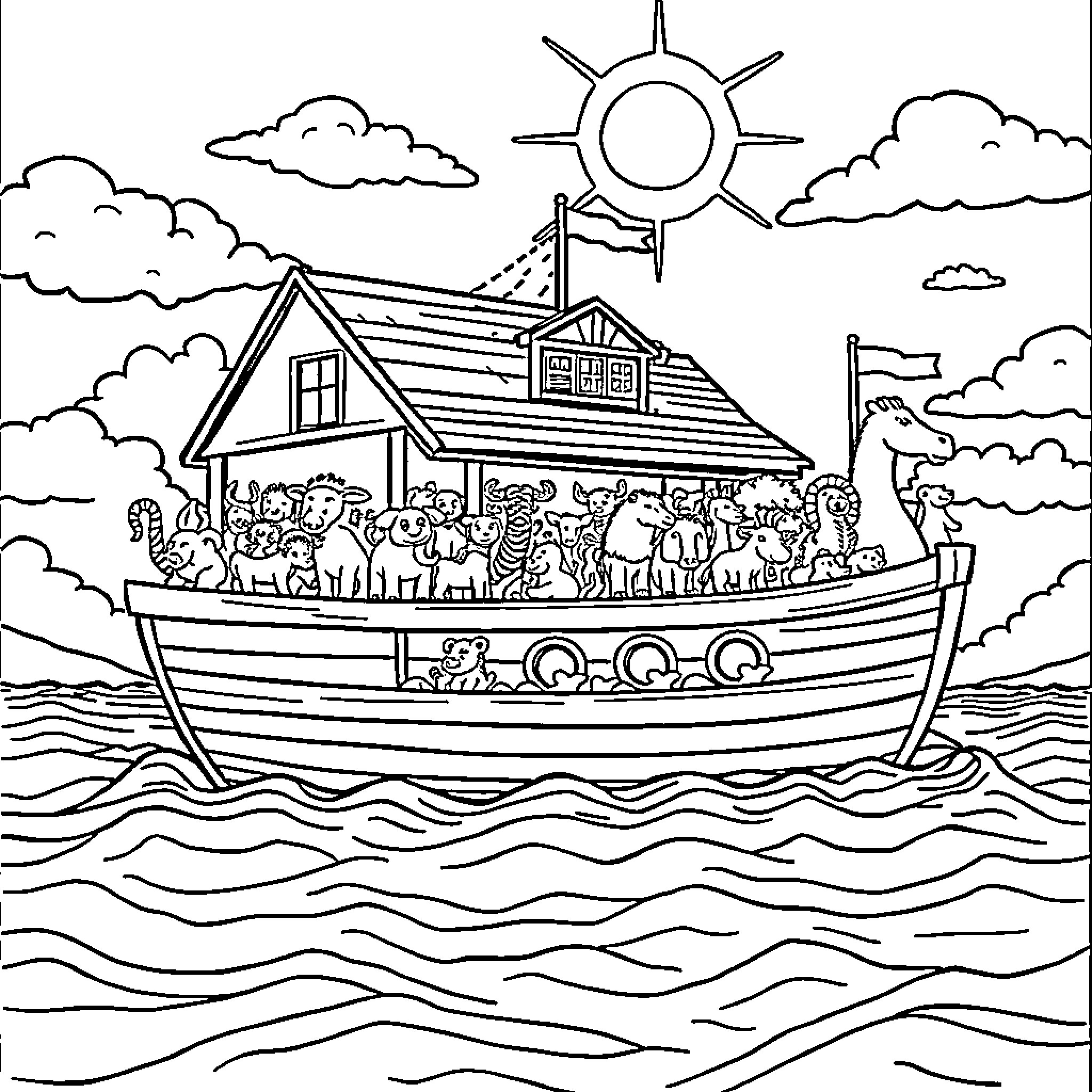 Noah's Ark with Animals on a Stormy Sea Coloring Page (free black-and-white line drawing printable PDF for all, from beginners to advanced learners, including children, teens, adults, and seniors)