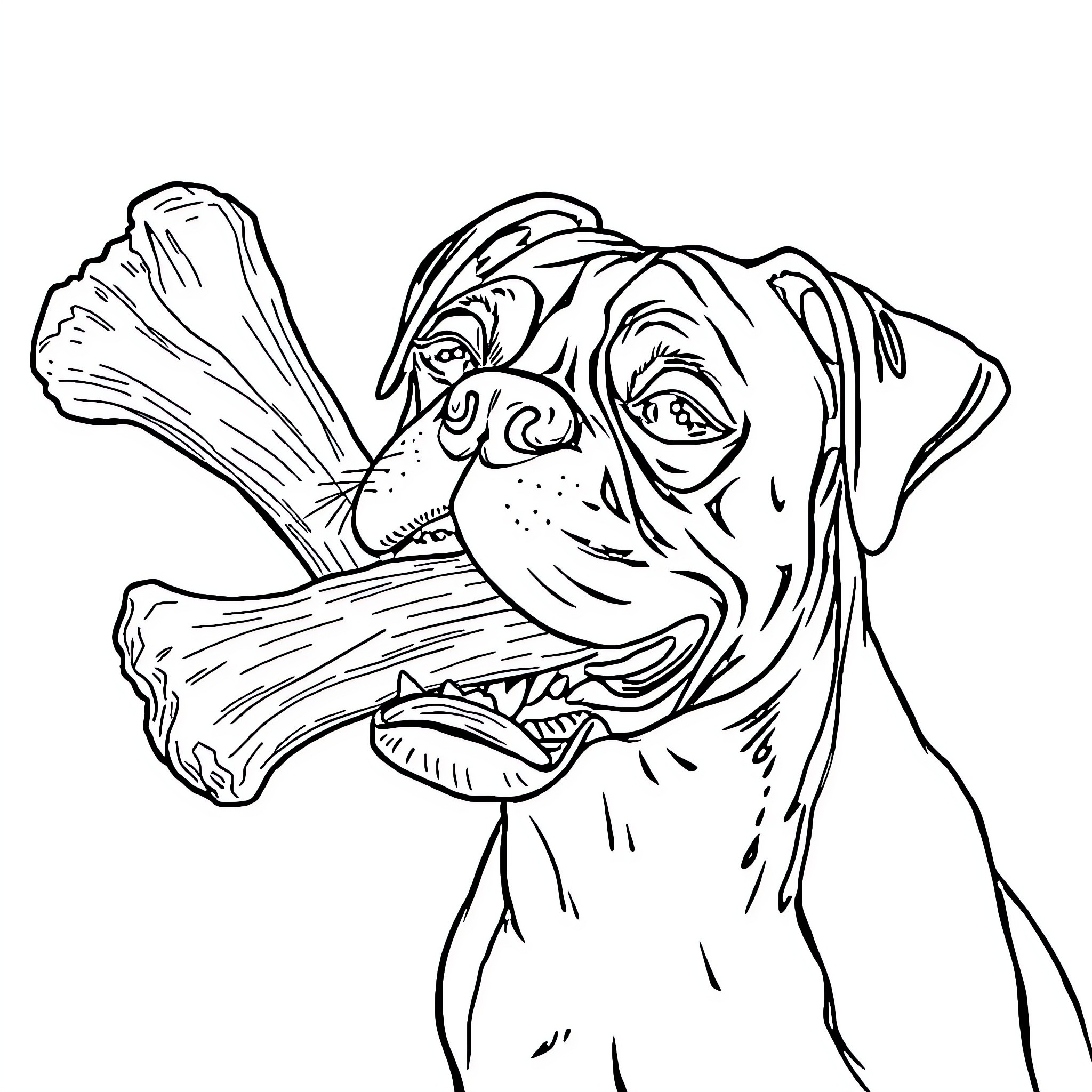 Boxer dog playfully holding a bone Coloring Page (free black-and-white line drawing printable PDF for all, from beginners to advanced learners, including children, teens, adults, and seniors)