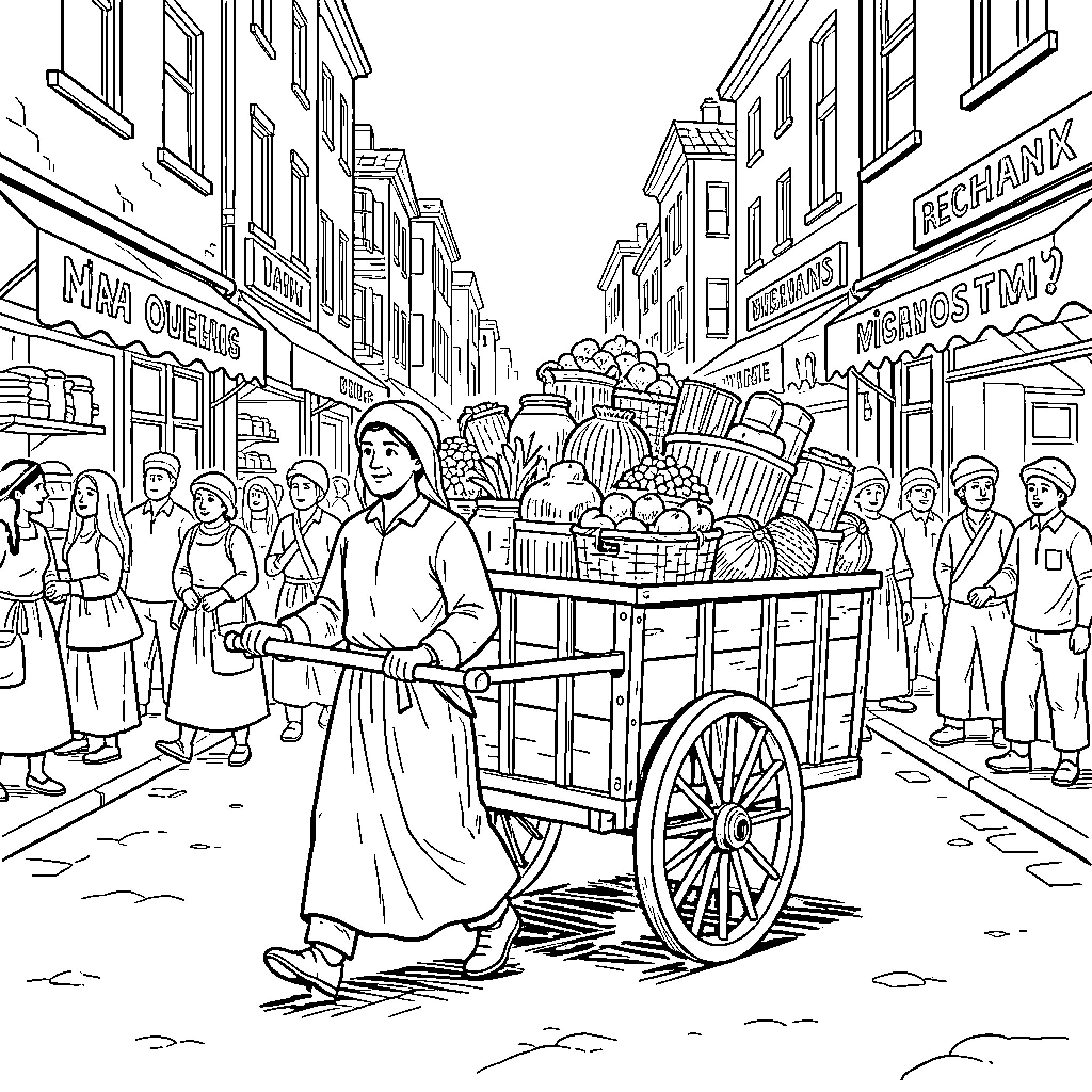 Cartwoman pushing a heavy wooden cart through a street Coloring Page (free black-and-white line drawing printable PDF for all, from beginners to advanced learners, including children, teens, adults, and seniors)