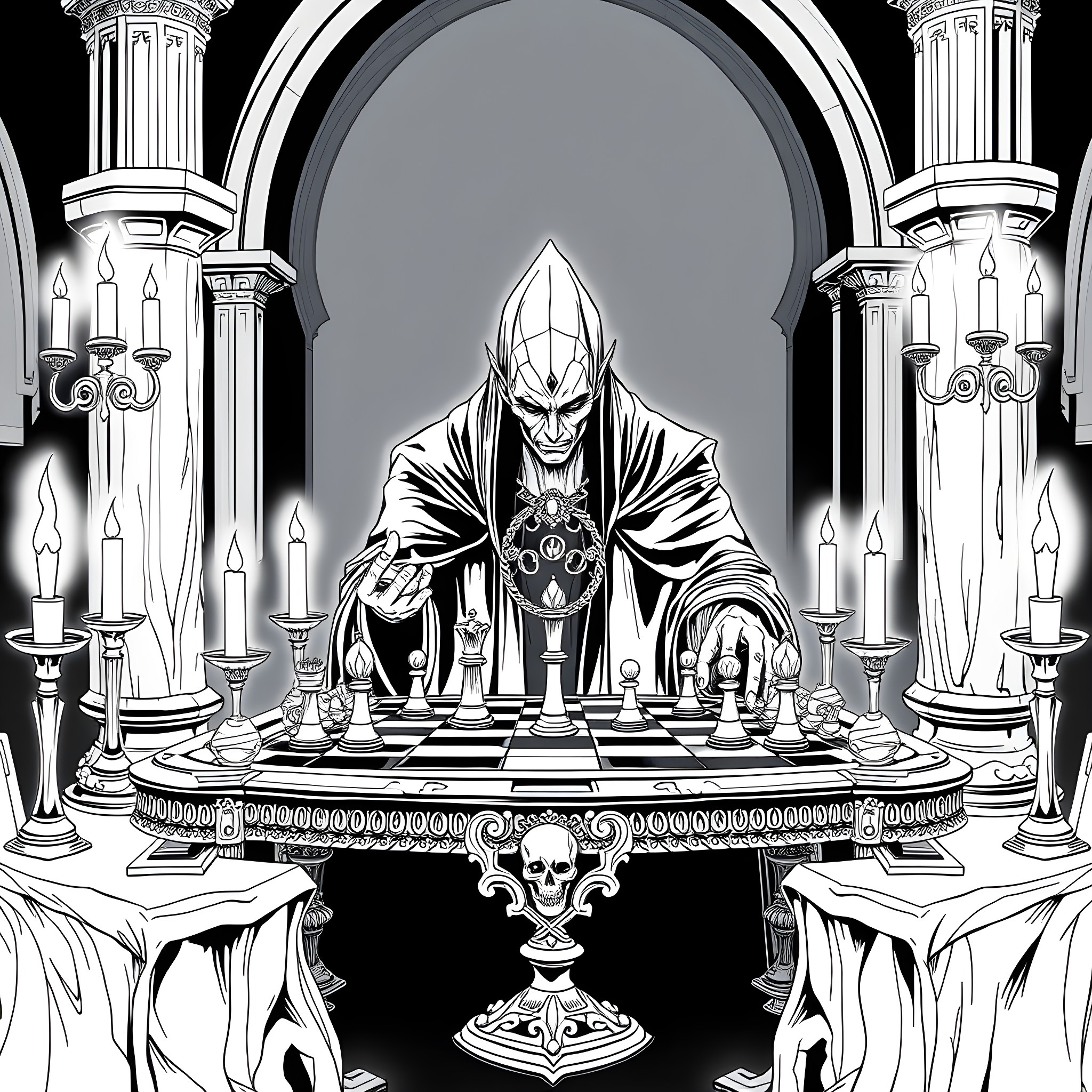 Vecna's Sinister Chess Game in Cryptic Chamber Coloring Page (free black-and-white line drawing printable PDF for all, from beginners to advanced learners, including children, teens, adults, and seniors)