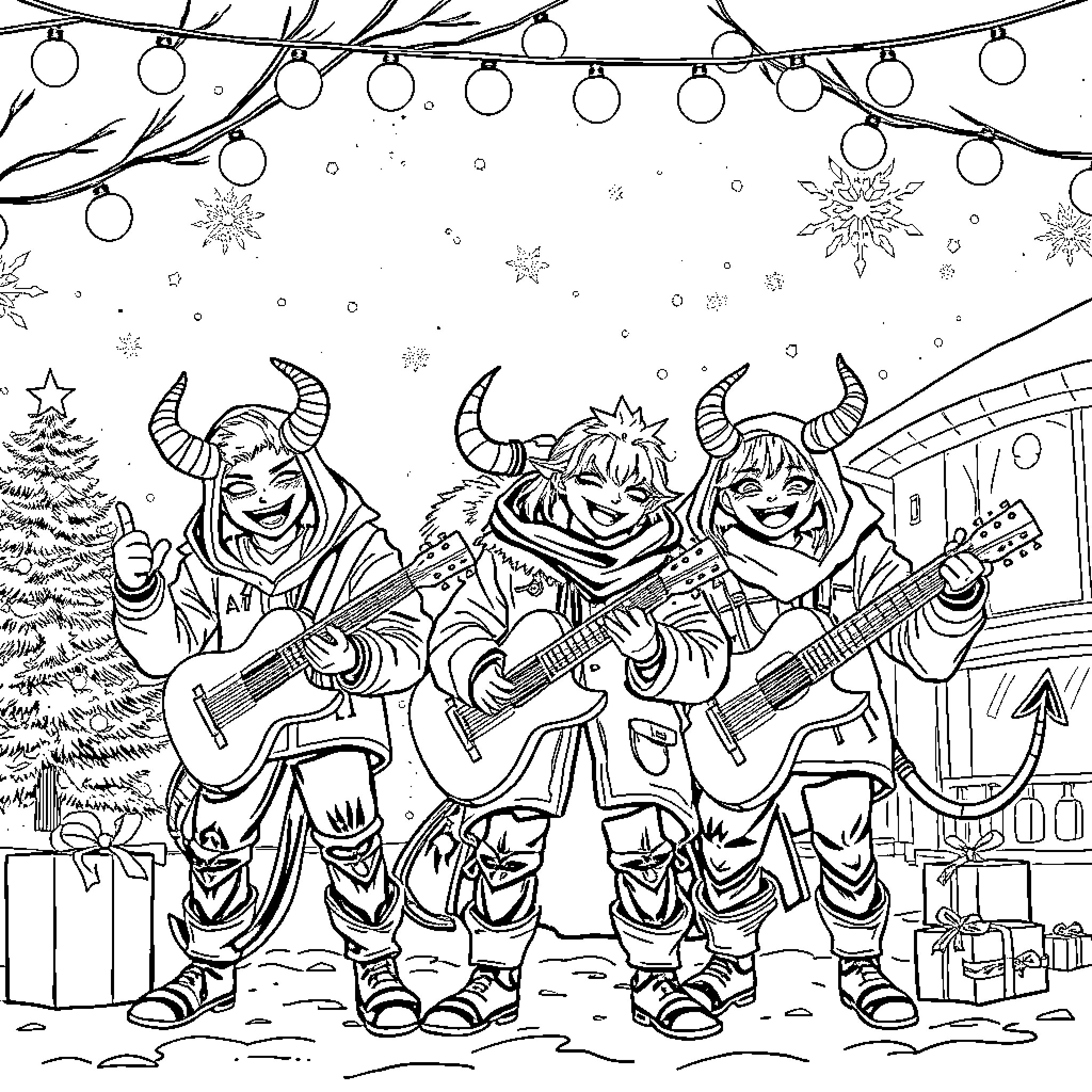 Demon Hunters Perform Holiday Concert Coloring Page (free black-and-white line drawing printable PDF for all, from beginners to advanced learners, including children, teens, adults, and seniors)