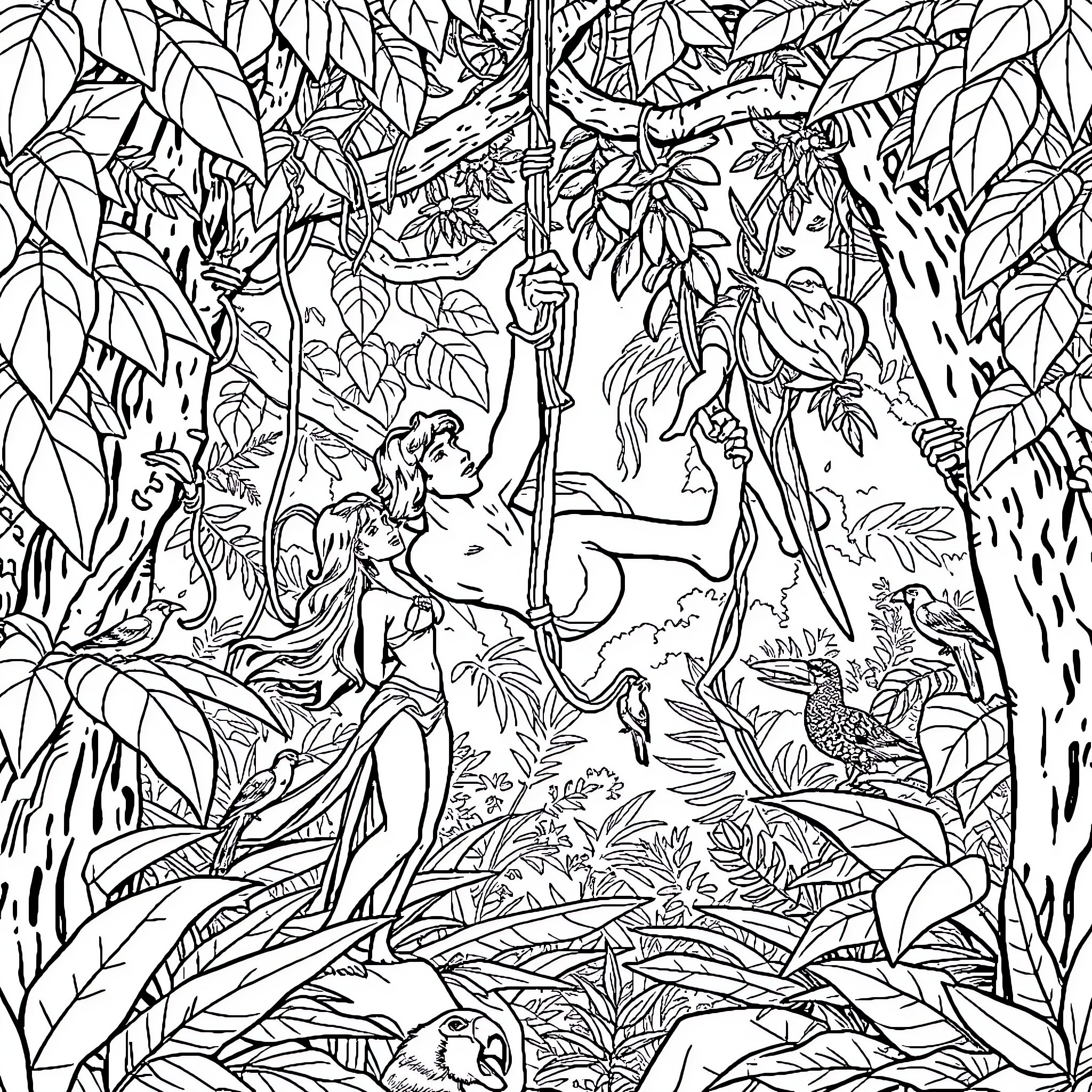 Tarzan swinging through the jungle with animals Coloring Page (free black-and-white line drawing printable PDF for all, from beginners to advanced learners, including children, teens, adults, and seniors)