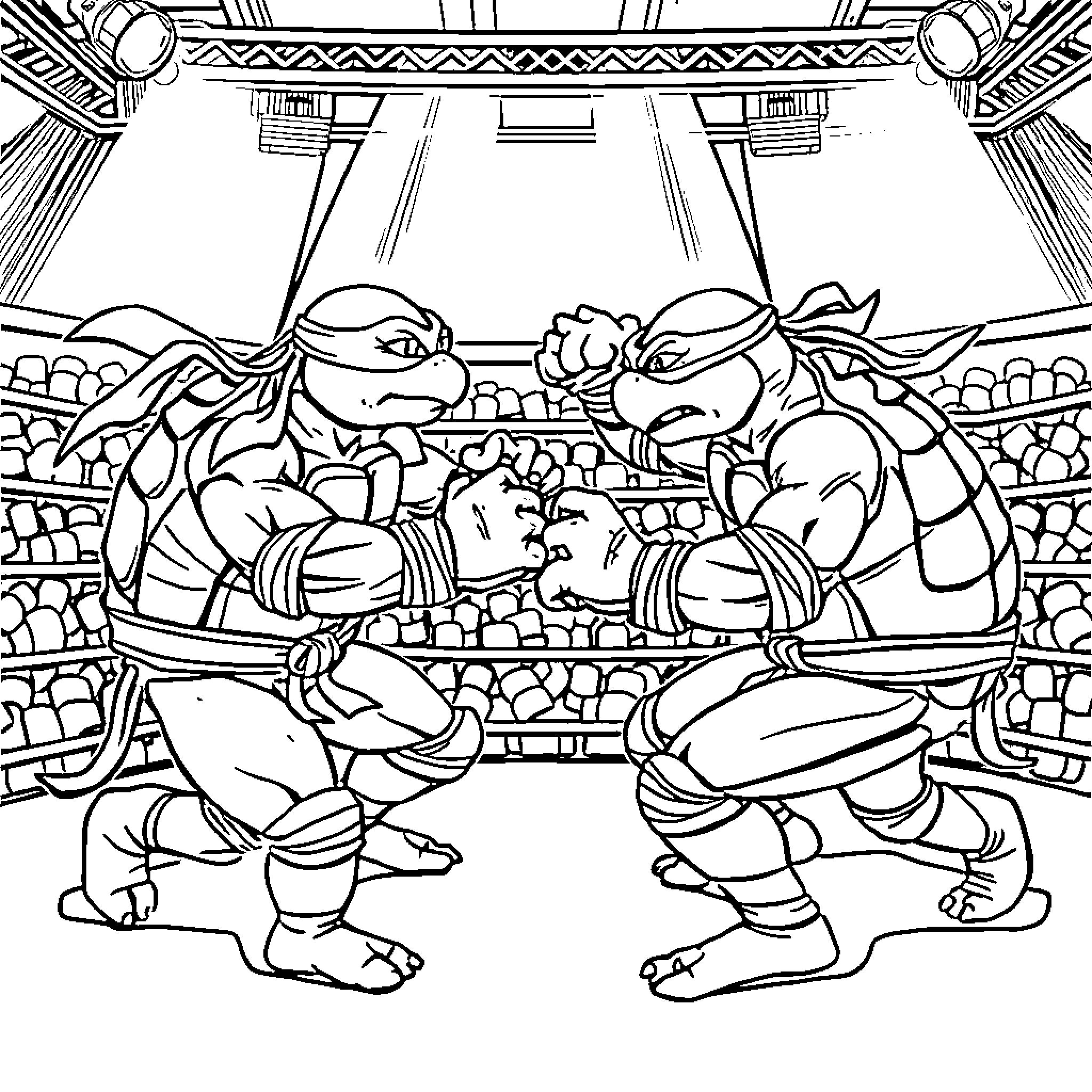 Turtle Ninjas in Action at the Dojo Coloring Page (free black-and-white line drawing printable PDF for all, from beginners to advanced learners, including children, teens, adults, and seniors)