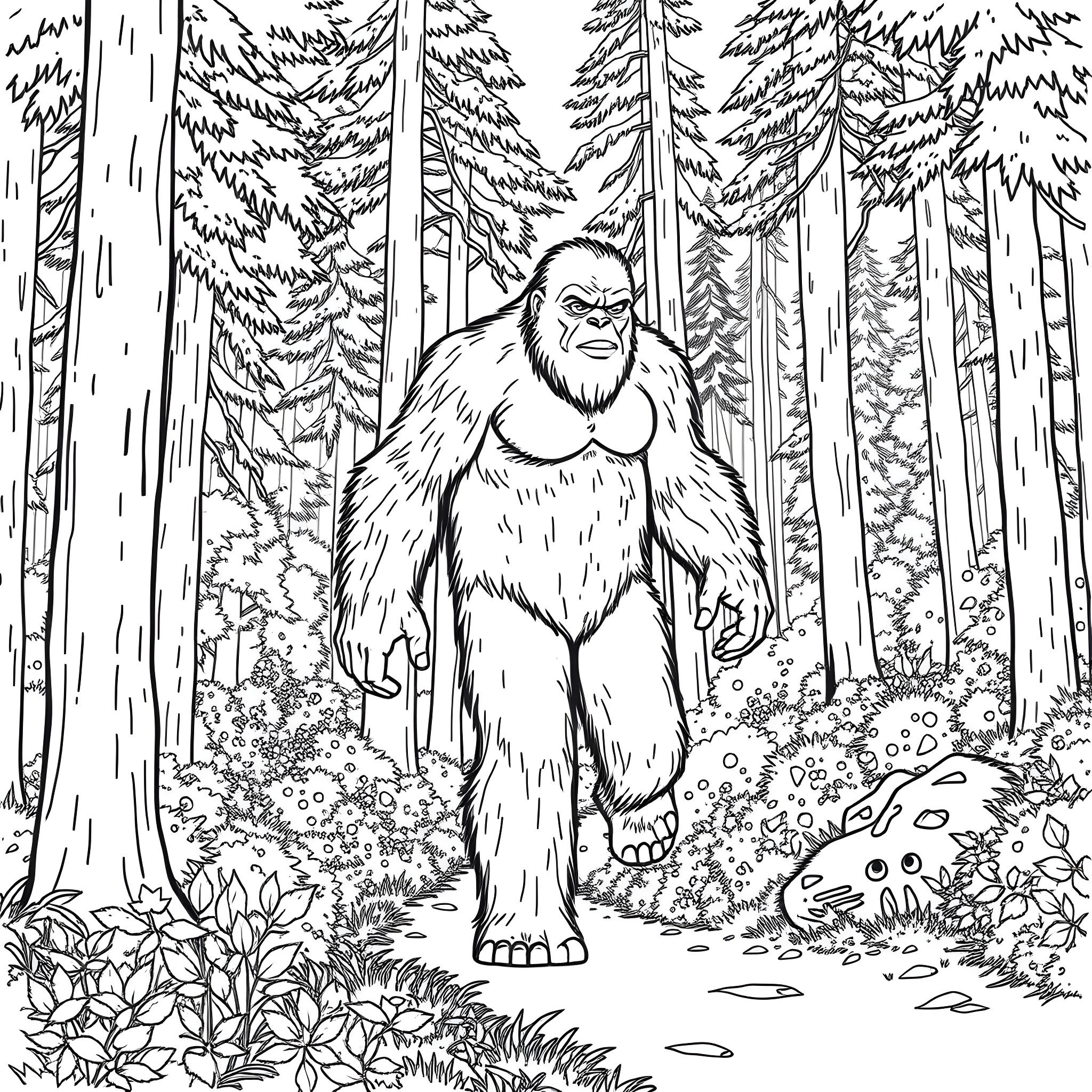 Bigfoot exploring the mysterious forest Coloring Page (free black-and-white line drawing printable PDF for all, from beginners to advanced learners, including children, teens, adults, and seniors)