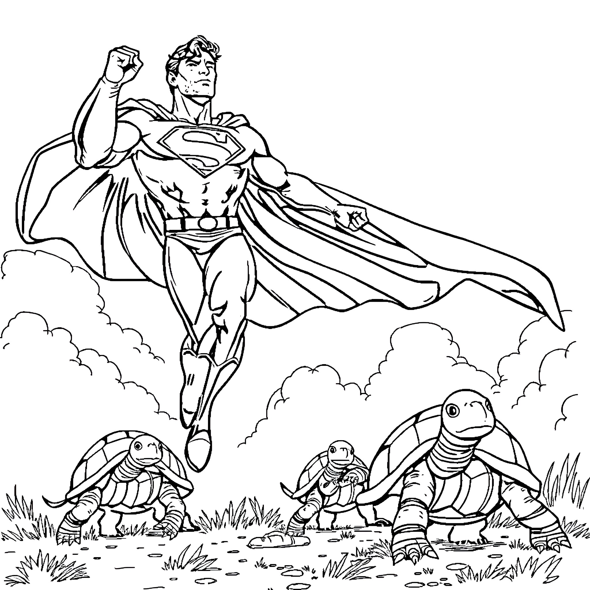 Superman soaring heroically above turtles in the clouds Coloring Page (free black-and-white line drawing printable PDF for all, from beginners to advanced learners, including children, teens, adults, and seniors)
