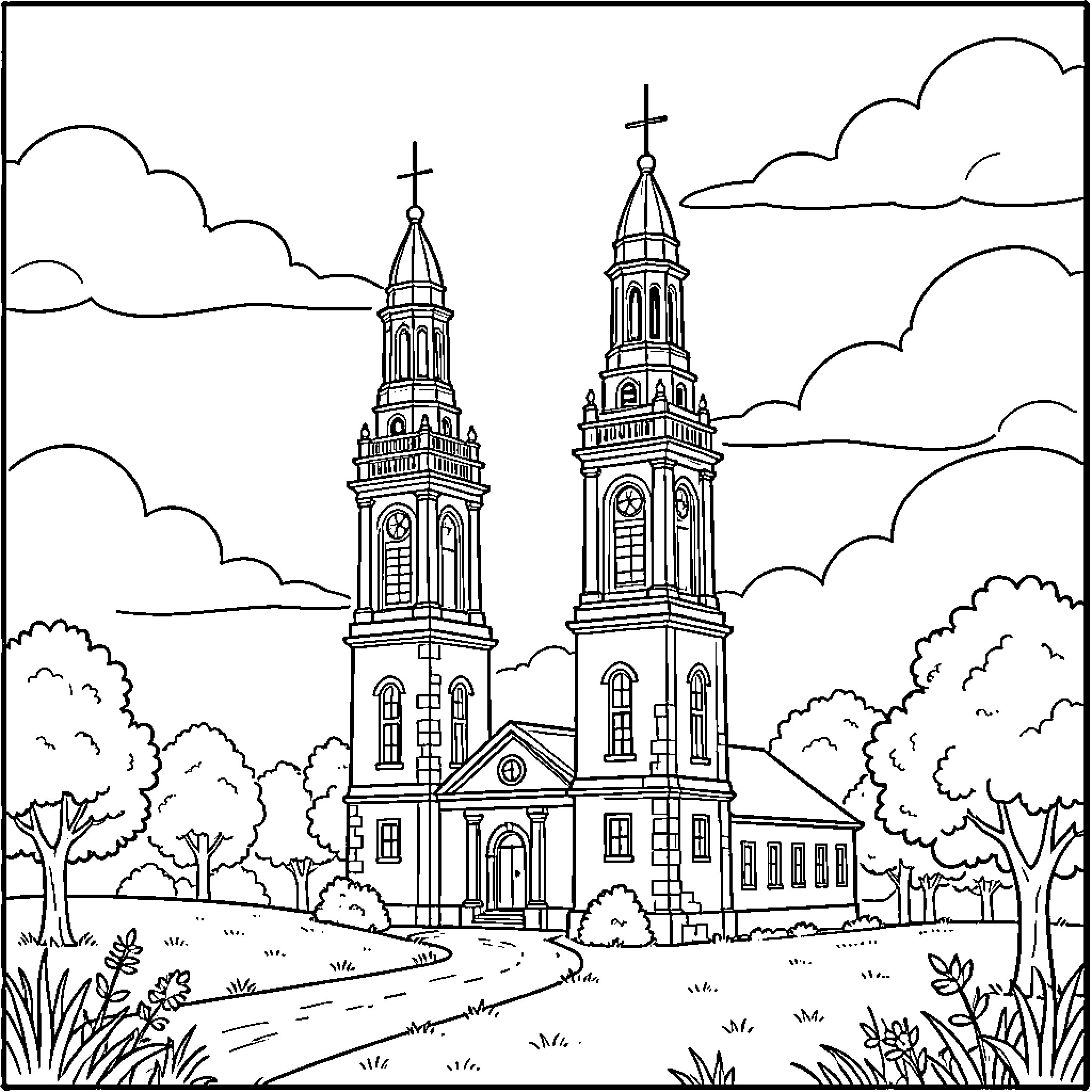 Chimney style spires rising above a grand church building Coloring Page (free black-and-white line drawing printable PDF for all, from beginners to advanced learners, including children, teens, adults, and seniors)