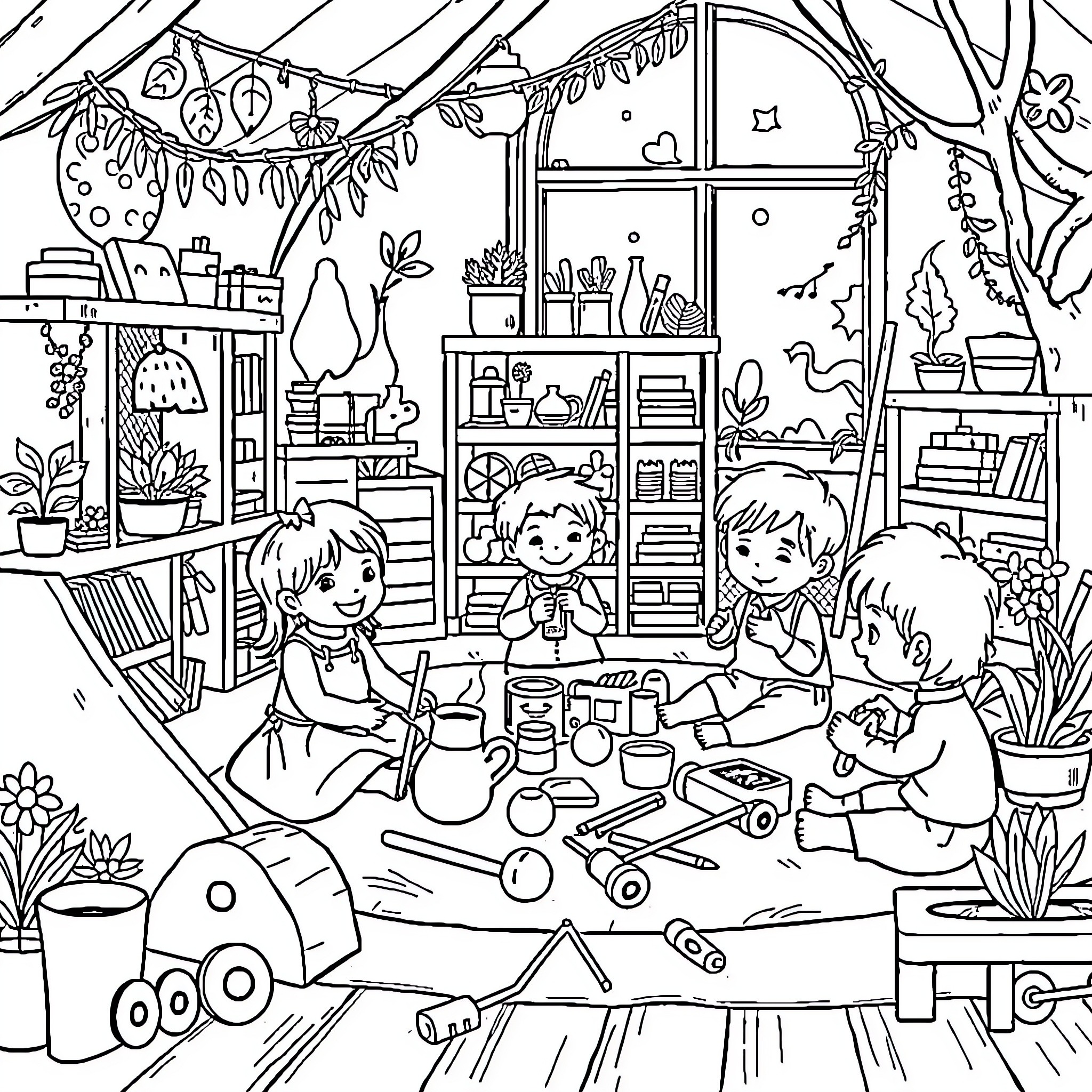 Waldorf Kindergarten Classroom Filled with Creativity and Imagination Coloring Page (free black-and-white line drawing printable PDF for all, from beginners to advanced learners, including children, teens, adults, and seniors)