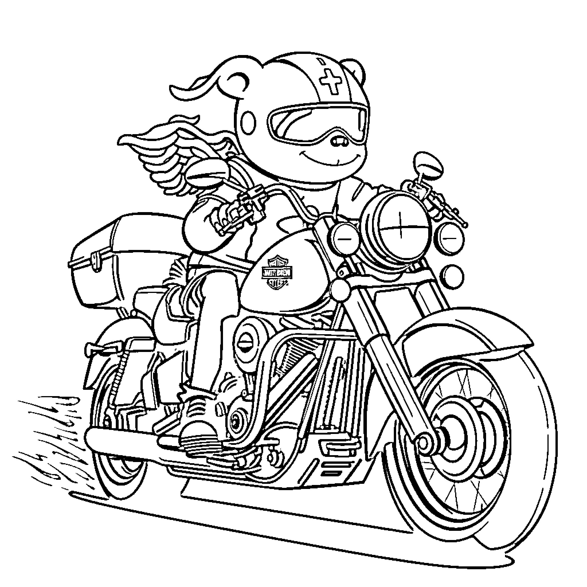 Pat's Winged Motorbike Adventure Coloring Page (free black-and-white line drawing printable PDF for all, from beginners to advanced learners, including children, teens, adults, and seniors)