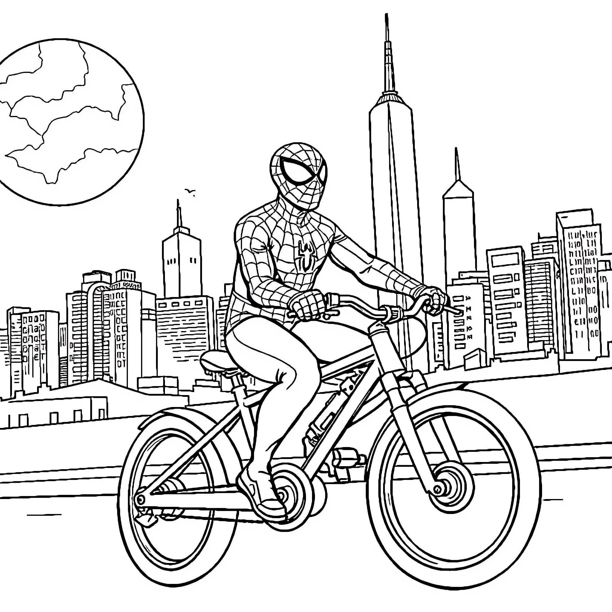 Spiderman riding a bicycle through the city Coloring Page (free black-and-white line drawing printable PDF for all, from beginners to advanced learners, including children, teens, adults, and seniors)