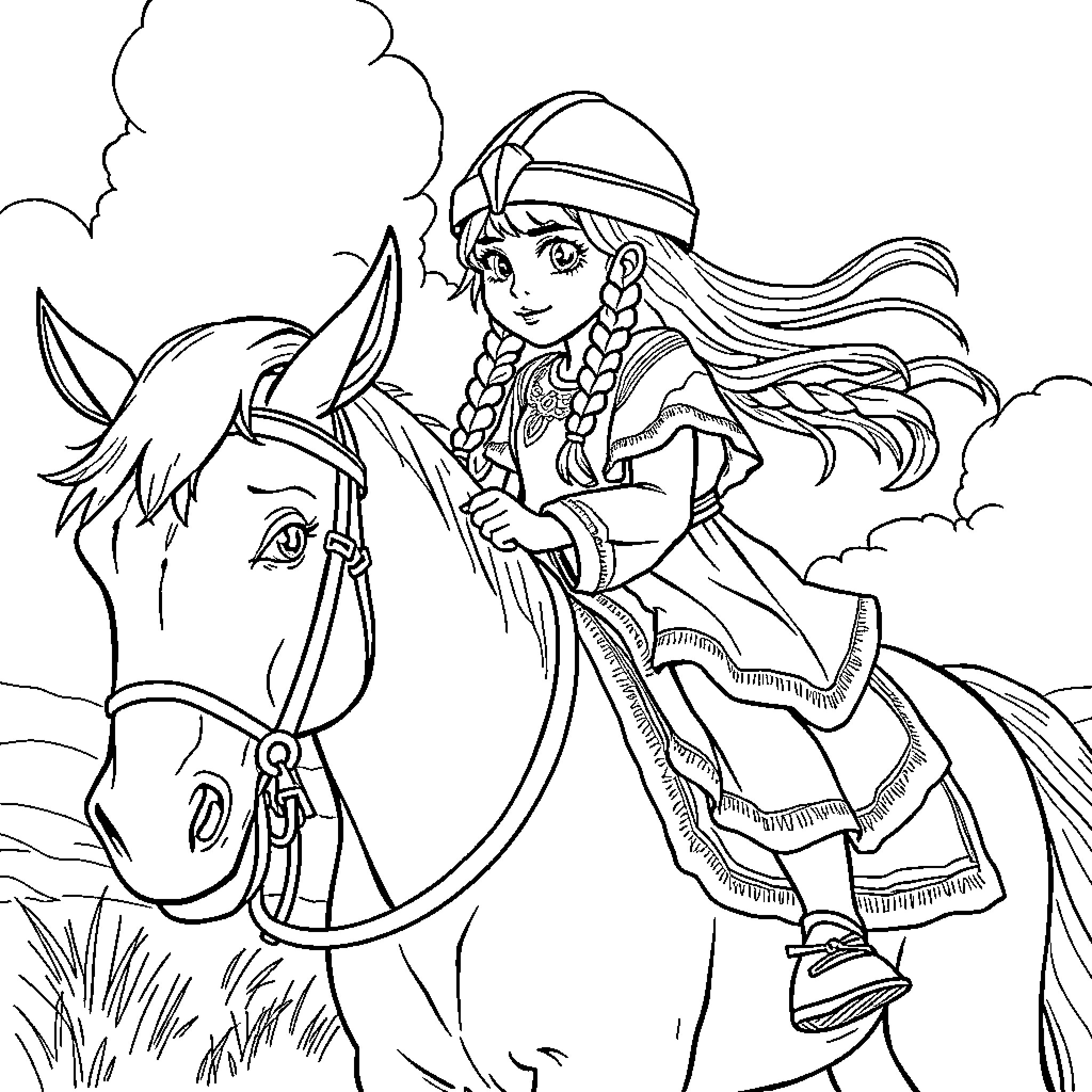 Viking girl riding a horse in the wilderness Coloring Page (free black-and-white line drawing printable PDF for all, from beginners to advanced learners, including children, teens, adults, and seniors)