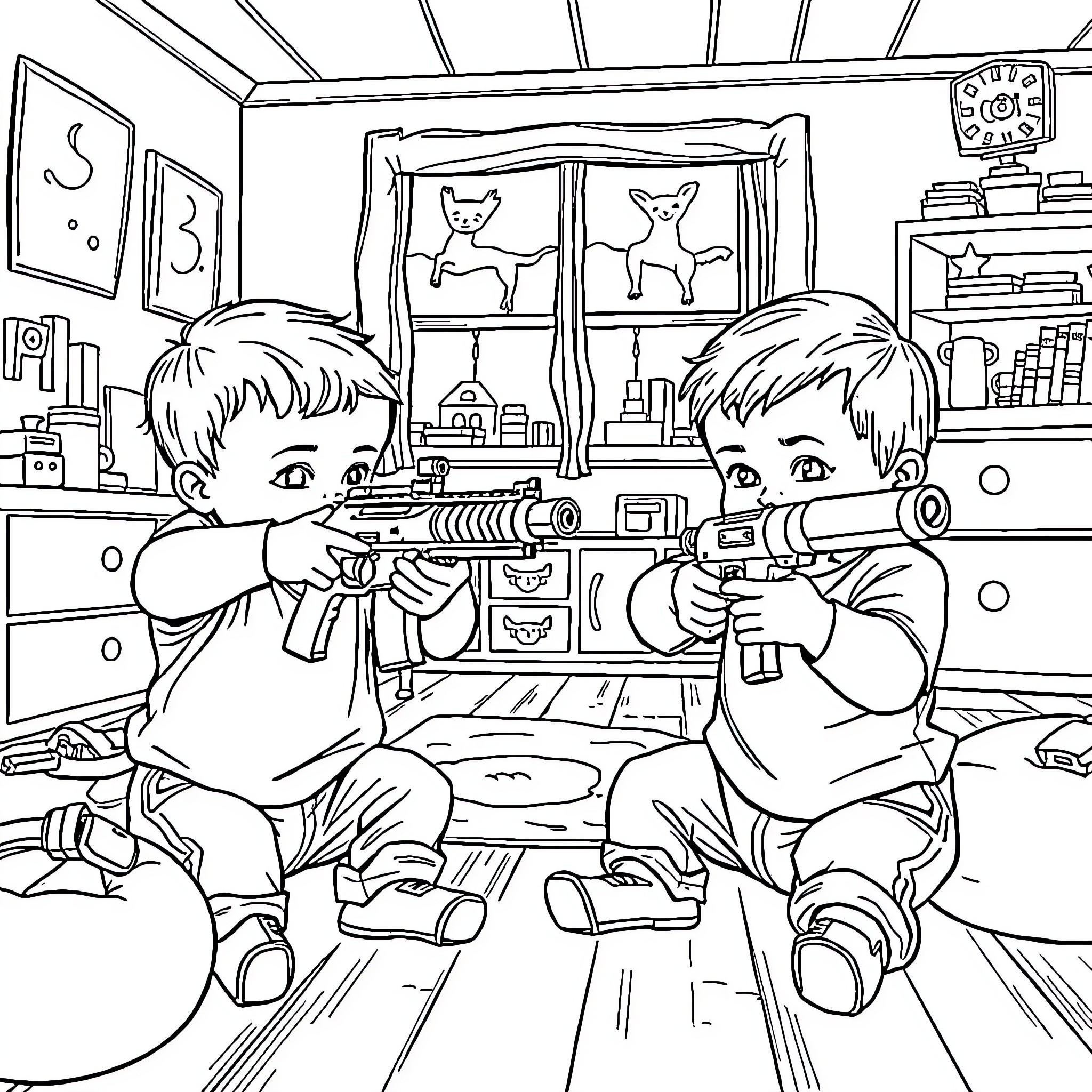 Baby Boys Playing with Toy Guns in Room Coloring Page (free black-and-white line drawing printable PDF for all, from beginners to advanced learners, including children, teens, adults, and seniors)