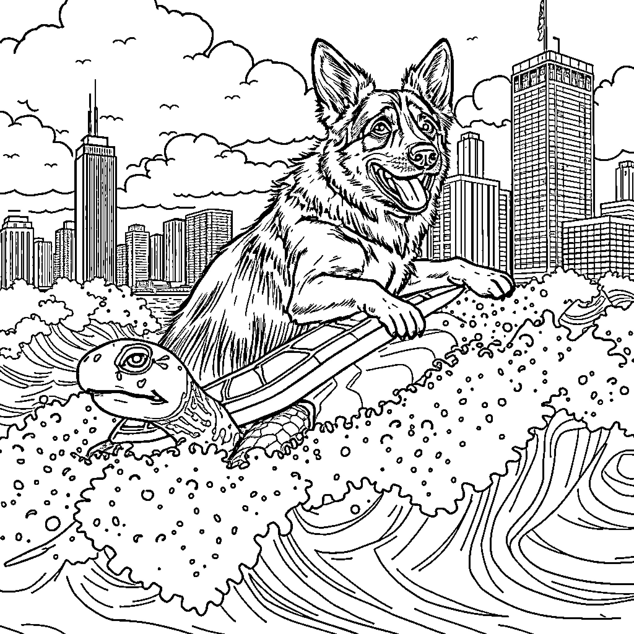 German Shepherd surfing on a giant turtle in the city Coloring Page (free black-and-white line drawing printable PDF for all, from beginners to advanced learners, including children, teens, adults, and seniors)