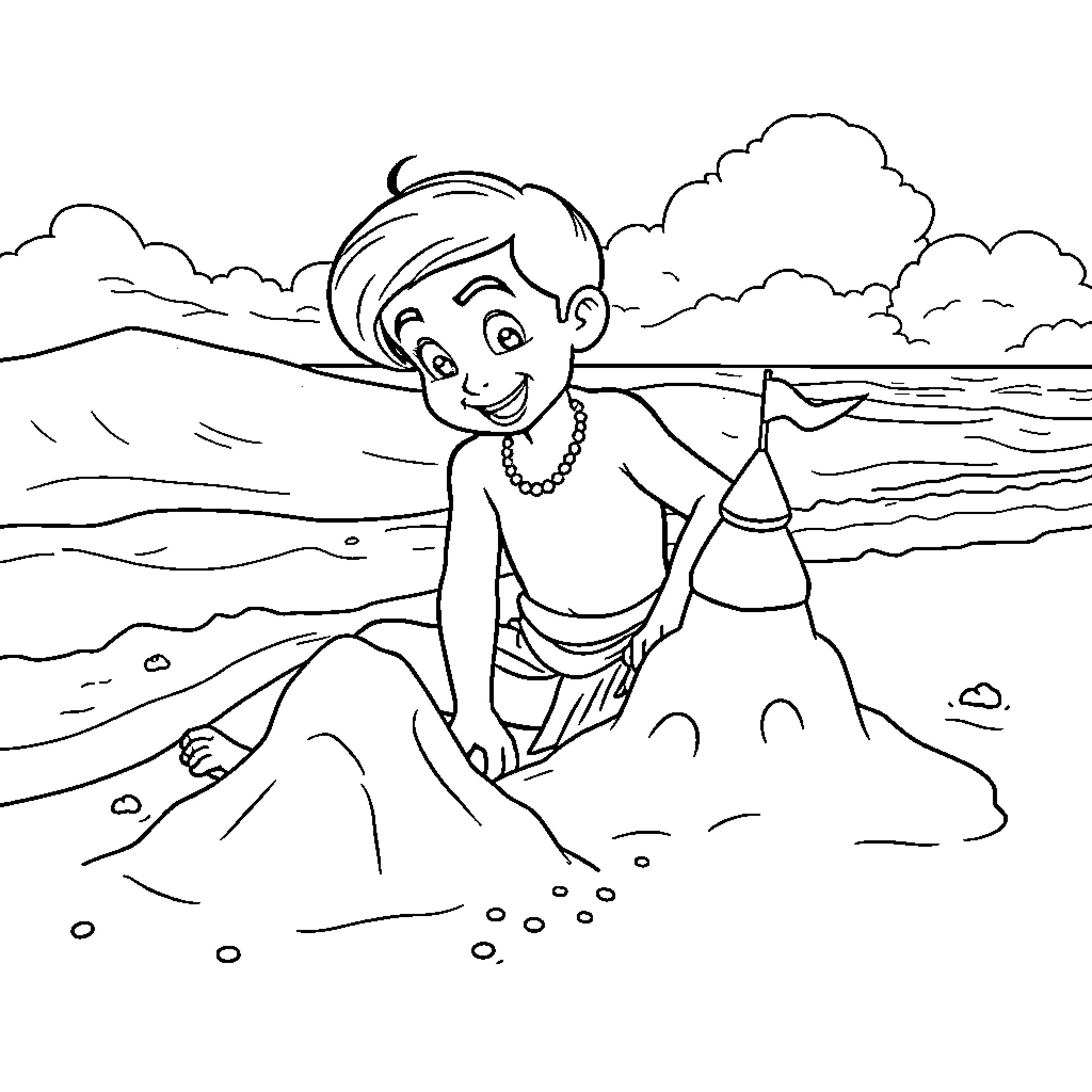 Aladdin playing on the beach Coloring Page (free black-and-white line drawing printable PDF for all, from beginners to advanced learners, including children, teens, adults, and seniors)