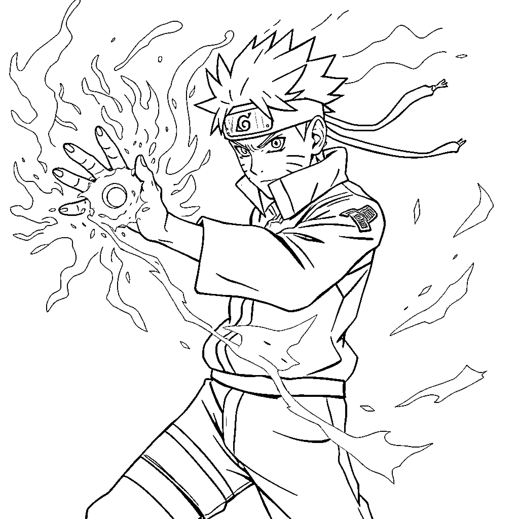 Naruto performing powerful ninja technique Coloring Page (free black-and-white line drawing printable PDF for all, from beginners to advanced learners, including children, teens, adults, and seniors)