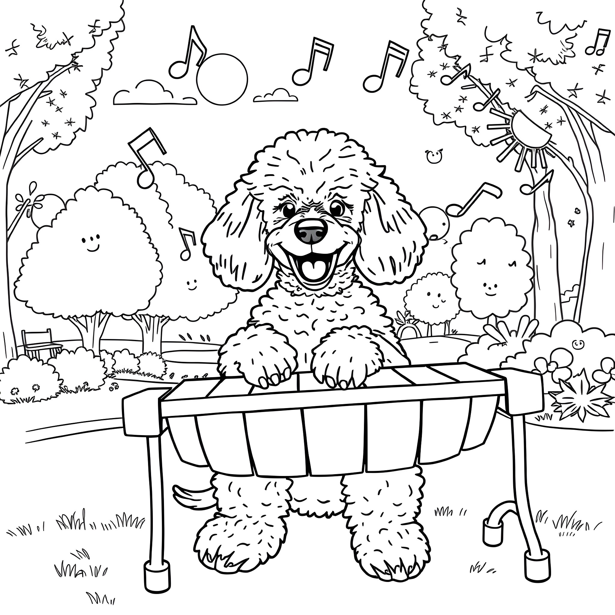 Poodle dancing joyfully in a musical garden Coloring Page (free black-and-white line drawing printable PDF for all, from beginners to advanced learners, including children, teens, adults, and seniors)