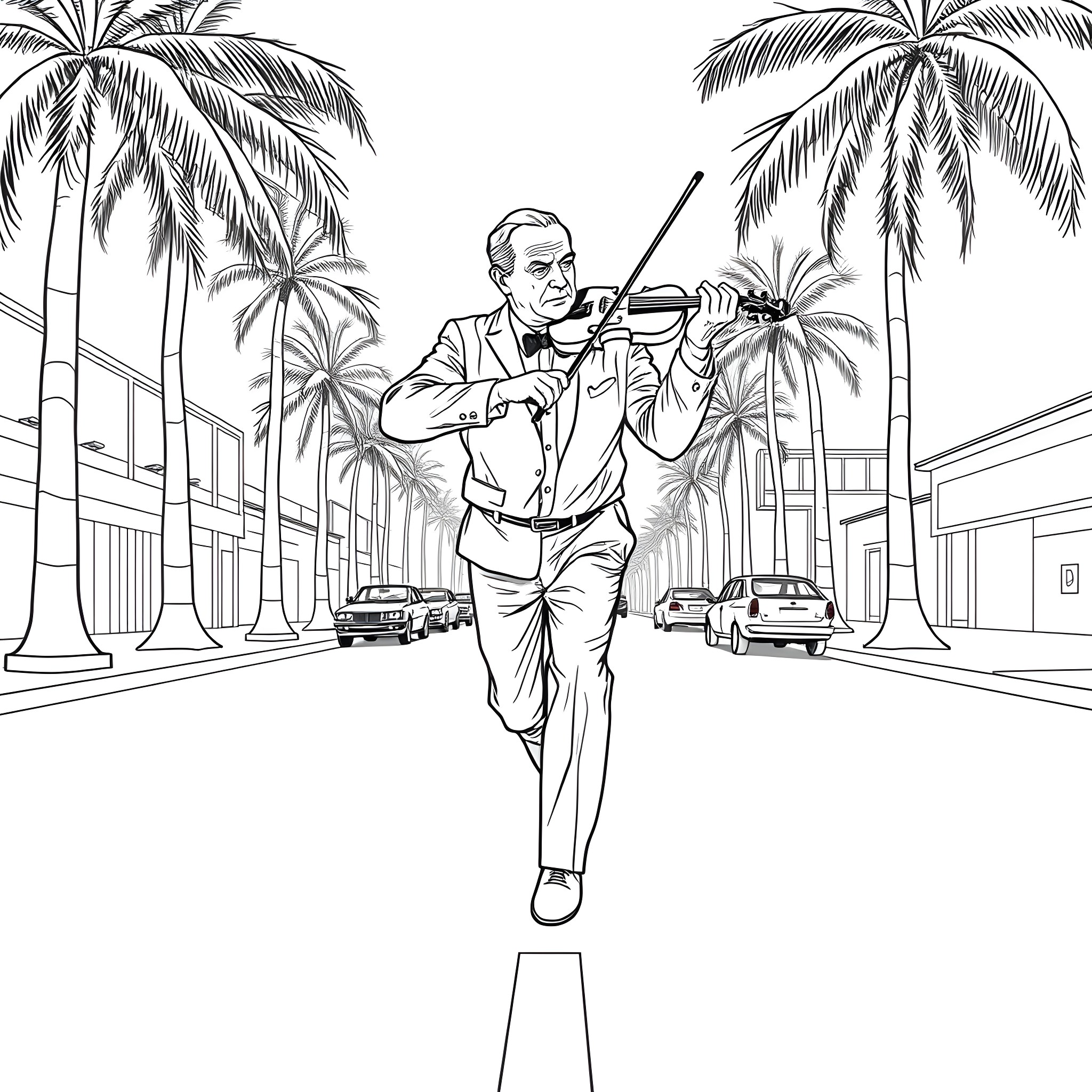 Alfred Hitchcock playing the violin in a tropical setting Coloring Page (free black-and-white line drawing printable PDF for all, from beginners to advanced learners, including children, teens, adults, and seniors)