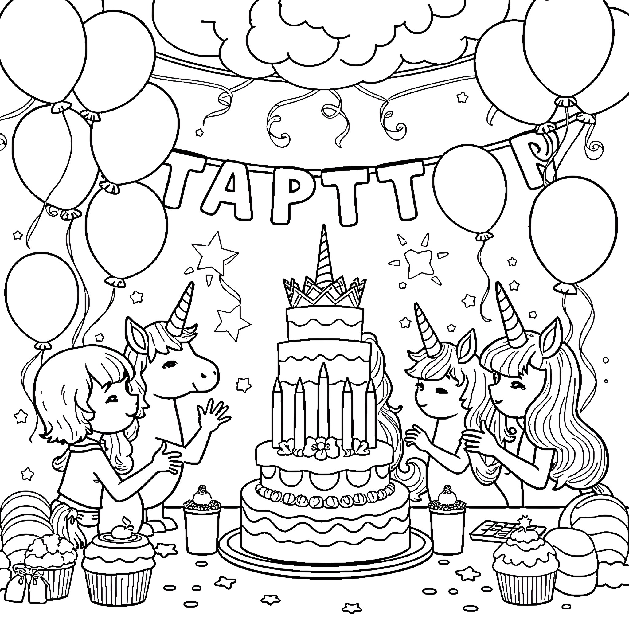 Unicorn friends celebrating a birthday party Coloring Page (free black-and-white line drawing printable PDF for all, from beginners to advanced learners, including children, teens, adults, and seniors)