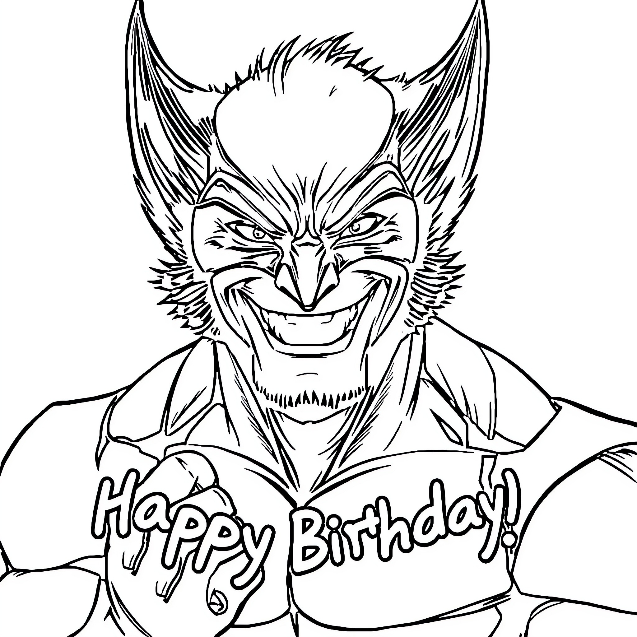 Wolverine celebrating a Happy Birthday Coloring Page (free black-and-white line drawing printable PDF for all, from beginners to advanced learners, including children, teens, adults, and seniors)