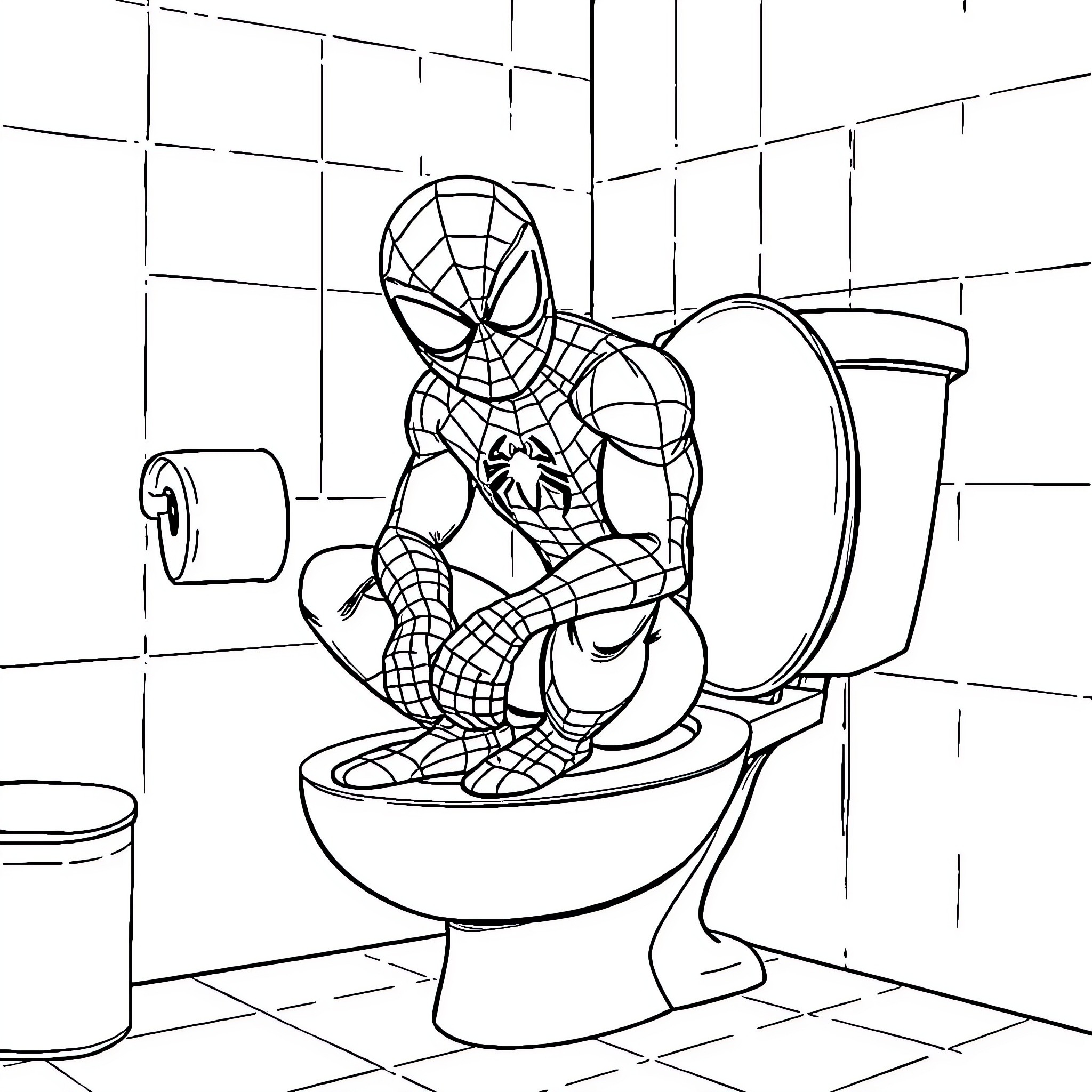 Spiderman on the Toilet Coloring Page (free black-and-white line drawing printable PDF for all, from beginners to advanced learners, including children, teens, adults, and seniors)