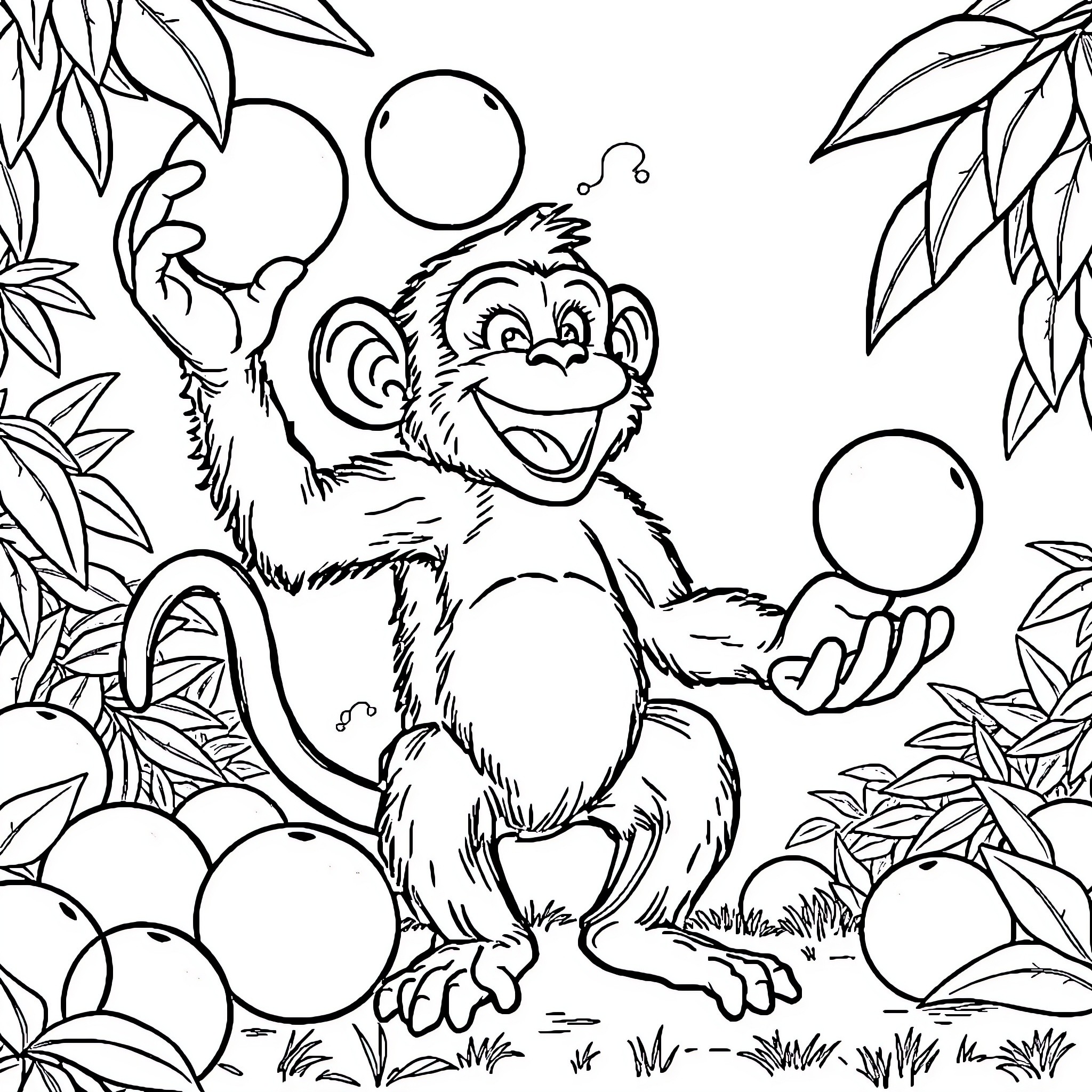 Monkey playing with bubbles in the jungle Coloring Page (free black-and-white line drawing printable PDF for all, from beginners to advanced learners, including children, teens, adults, and seniors)