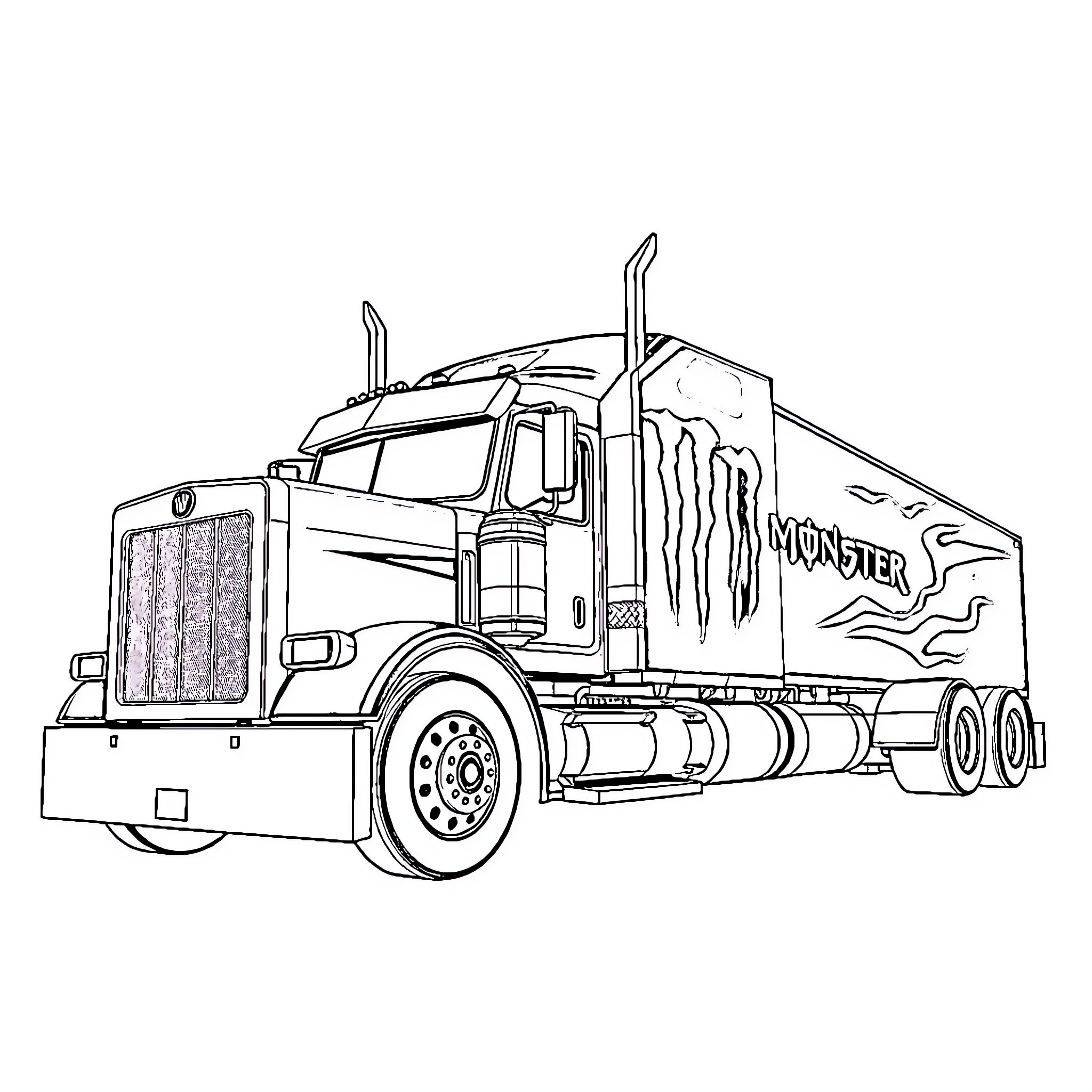 Truck with monster design and graphic elements Coloring Page (free black-and-white line drawing printable PDF for all, from beginners to advanced learners, including children, teens, adults, and seniors)