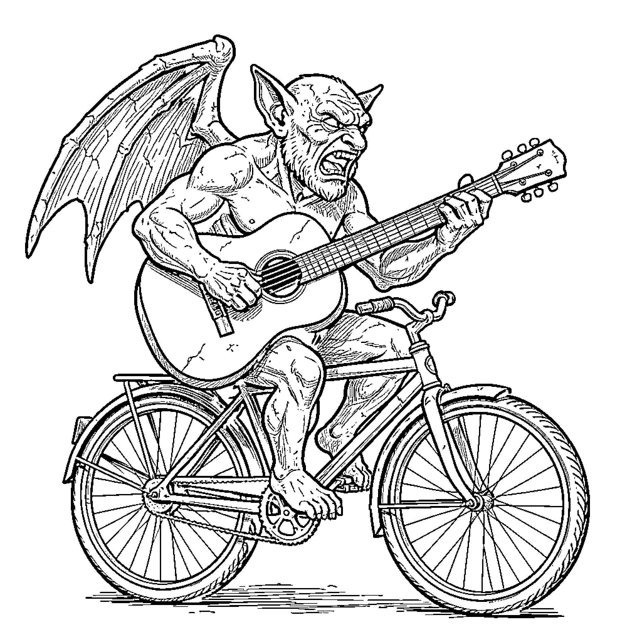 Gargoyle Musician Rides Bicycle with Guitar Coloring Page (free black-and-white line drawing printable PDF for all, from beginners to advanced learners, including children, teens, adults, and seniors)