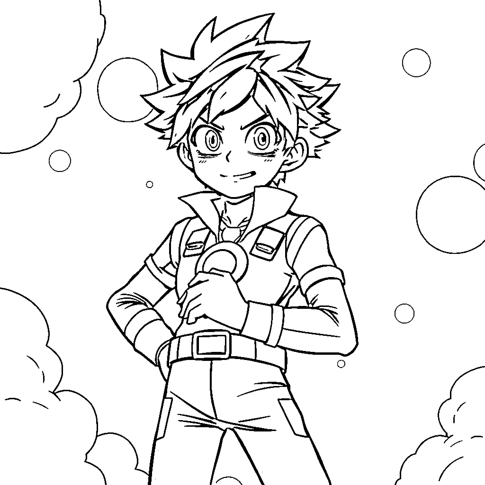 Deku's Determined Expression in Hero Outfit Coloring Page (free black-and-white line drawing printable PDF for all, from beginners to advanced learners, including children, teens, adults, and seniors)