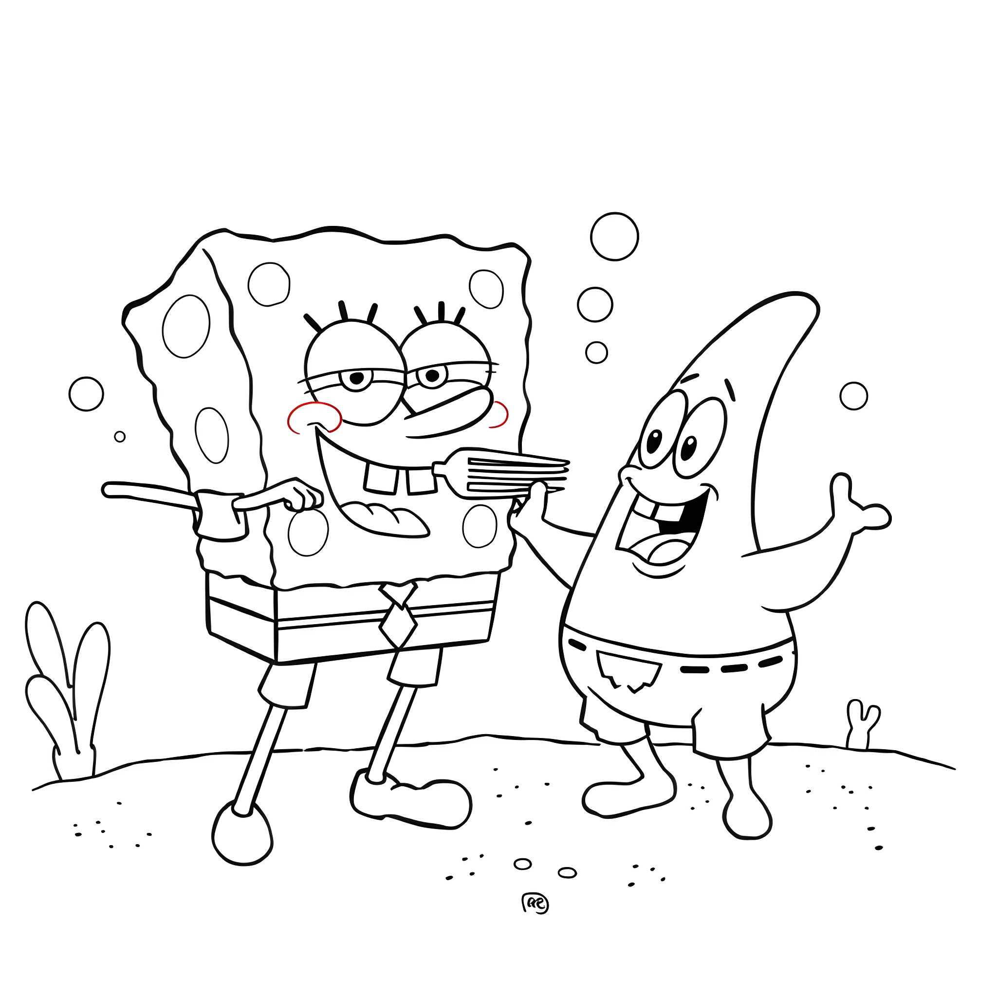 Spongebob and Patrick playing together in the sea Coloring Page (free black-and-white line drawing printable PDF for all, from beginners to advanced learners, including children, teens, adults, and seniors)