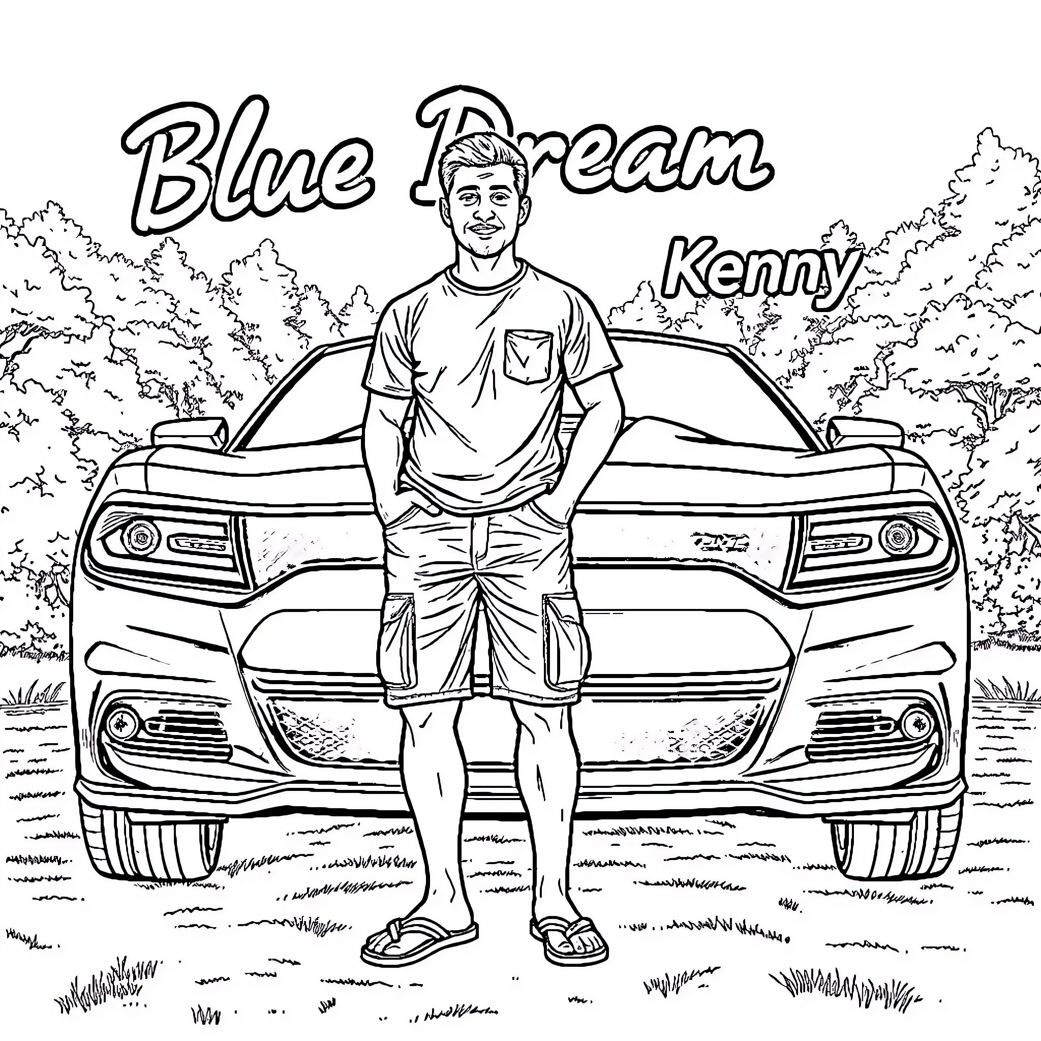Man posing with sports car in the countryside Coloring Page (free black-and-white line drawing printable PDF for all, from beginners to advanced learners, including children, teens, adults, and seniors)
