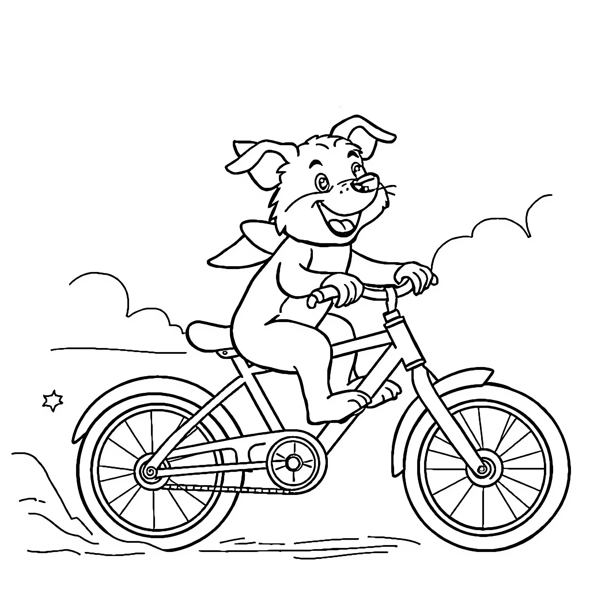 Dog riding a bicycle happily Coloring Page (free black-and-white line drawing printable PDF for all, from beginners to advanced learners, including children, teens, adults, and seniors)