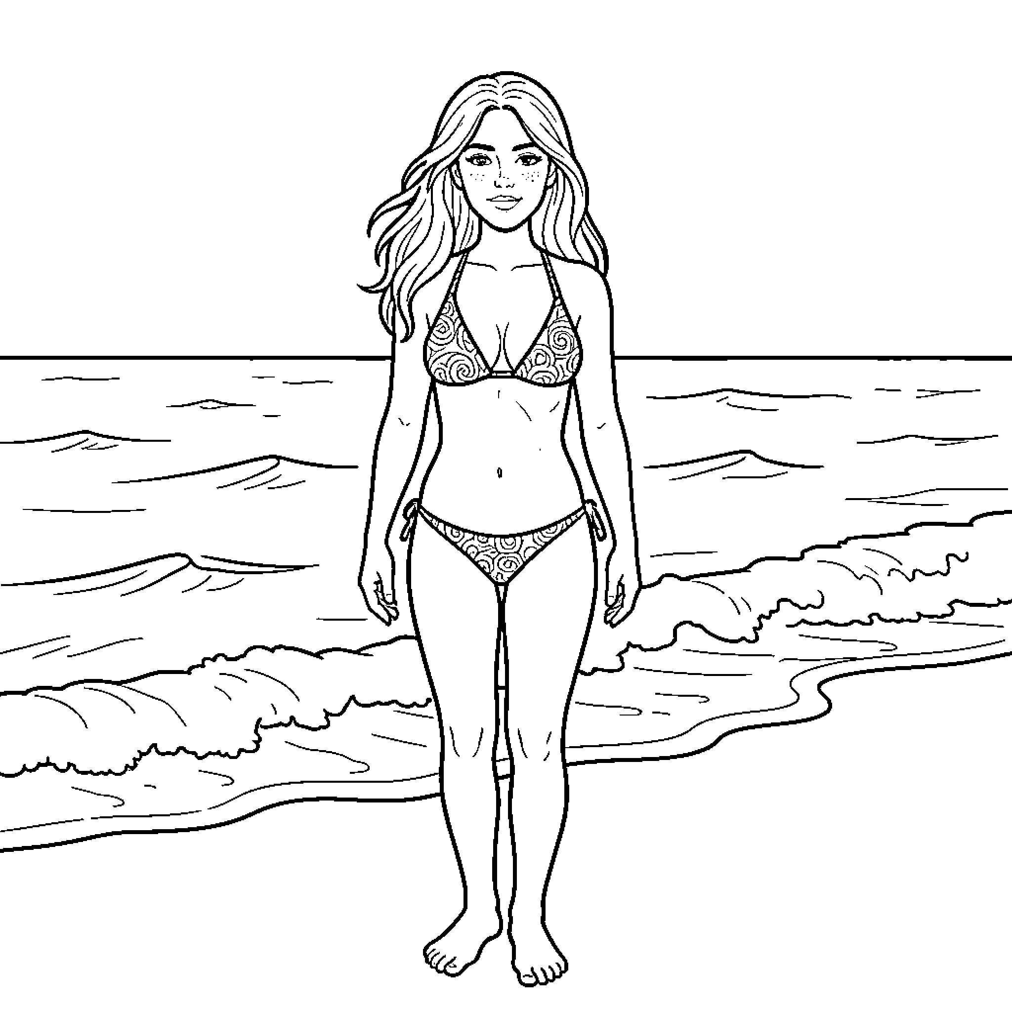 Woman standing confidently on a beach in swimwear Coloring Page (free black-and-white line drawing printable PDF for all, from beginners to advanced learners, including children, teens, adults, and seniors)