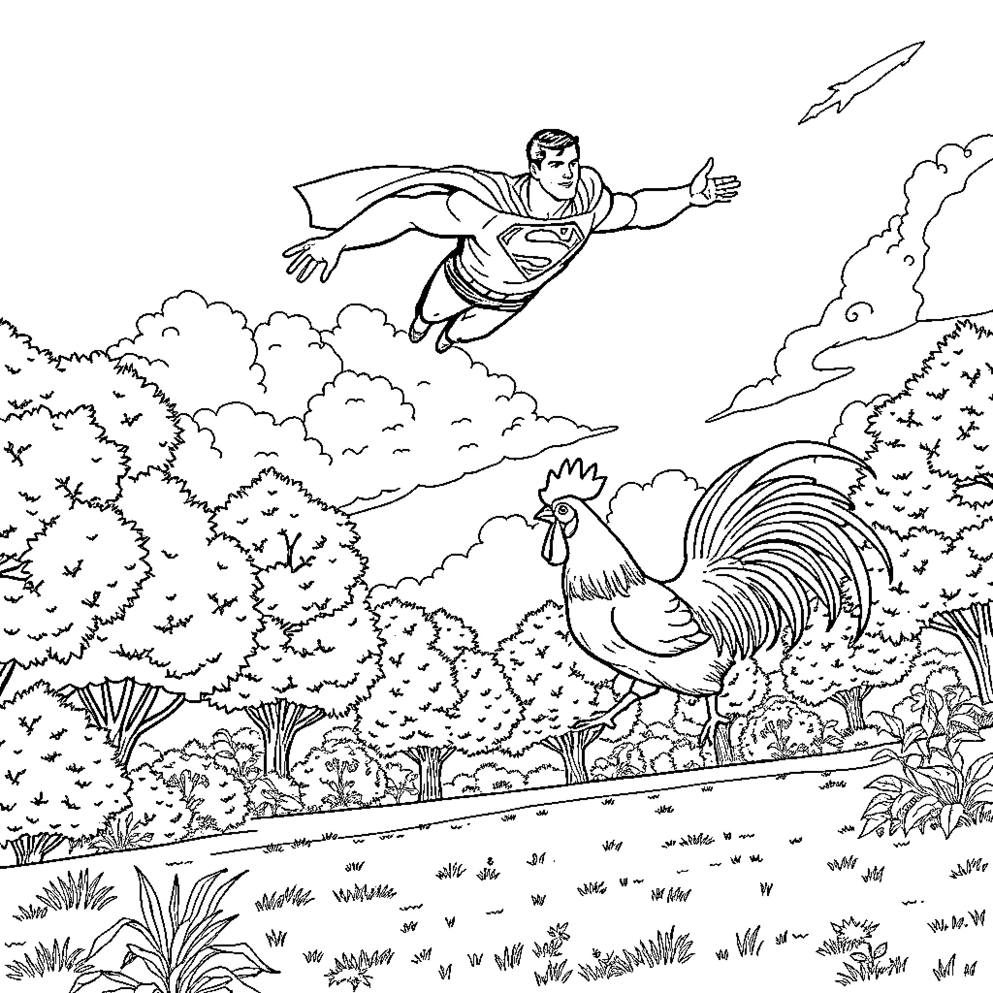 Superman soaring above the forest landscape Coloring Page (free black-and-white line drawing printable PDF for all, from beginners to advanced learners, including children, teens, adults, and seniors)