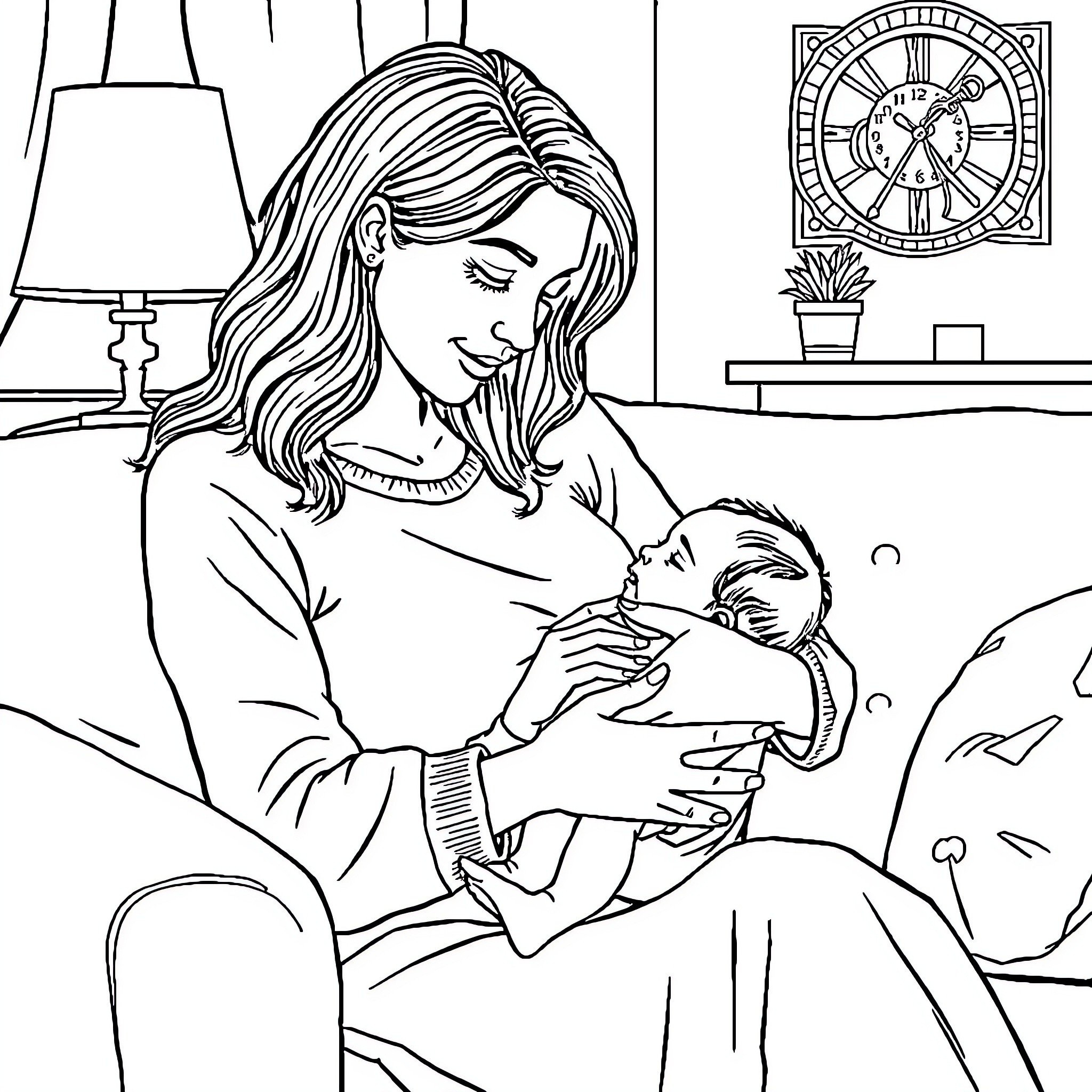 Woman Caring for Baby in Cozy Home Coloring Page (free black-and-white line drawing printable PDF for all, from beginners to advanced learners, including children, teens, adults, and seniors)