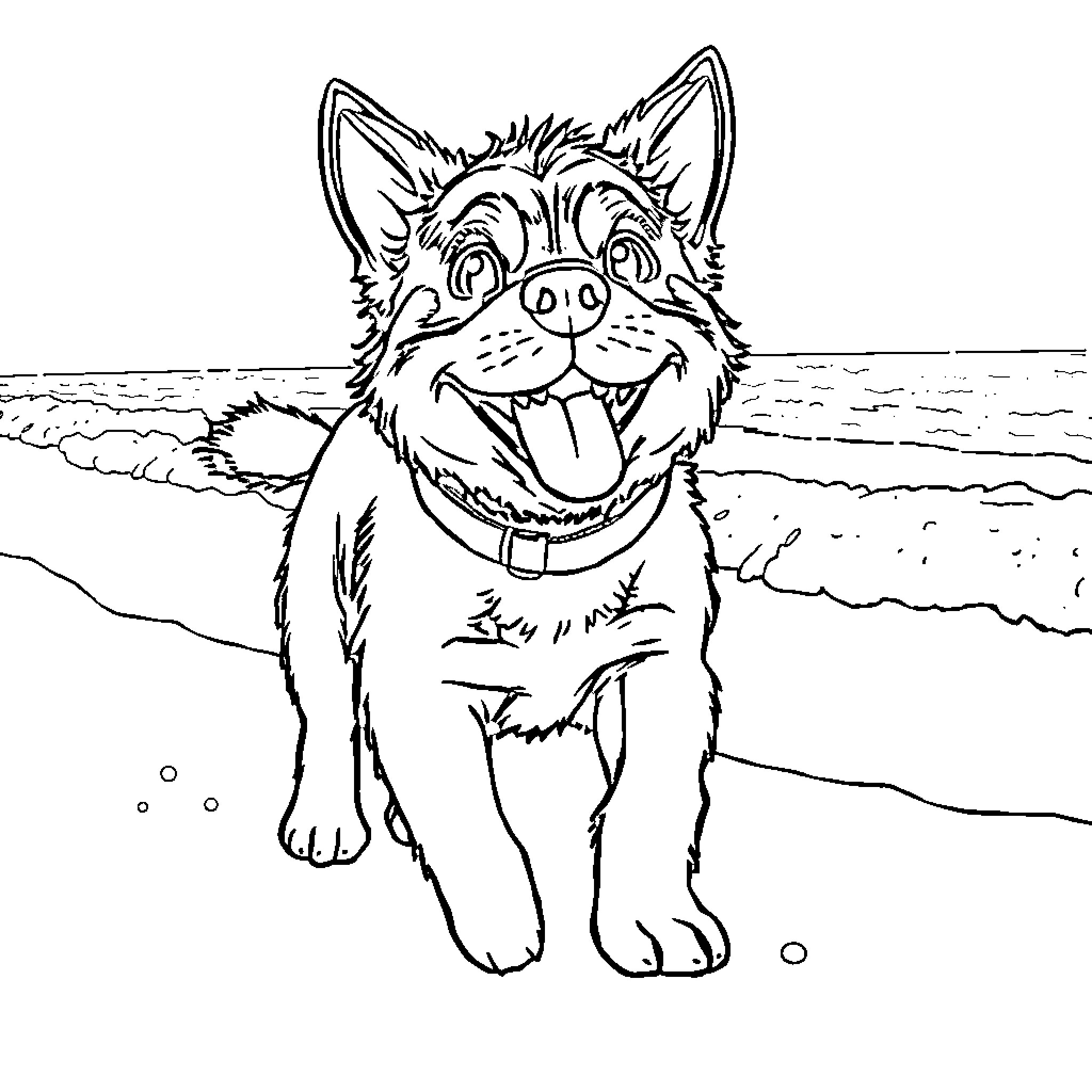 Pimpa the playful pup on the beach Coloring Page (free black-and-white line drawing printable PDF for all, from beginners to advanced learners, including children, teens, adults, and seniors)