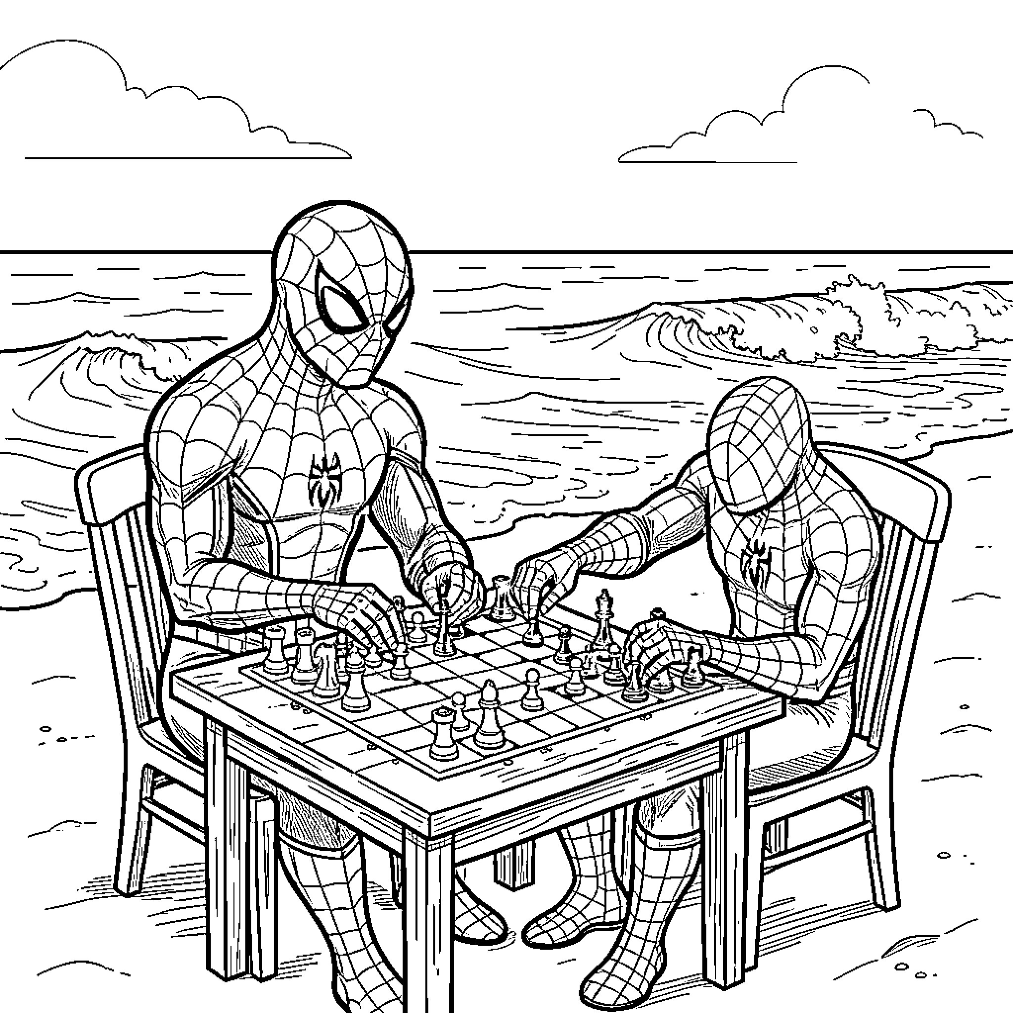Spiderman playing a game of chess at the beach Coloring Page (free black-and-white line drawing printable PDF for all, from beginners to advanced learners, including children, teens, adults, and seniors)