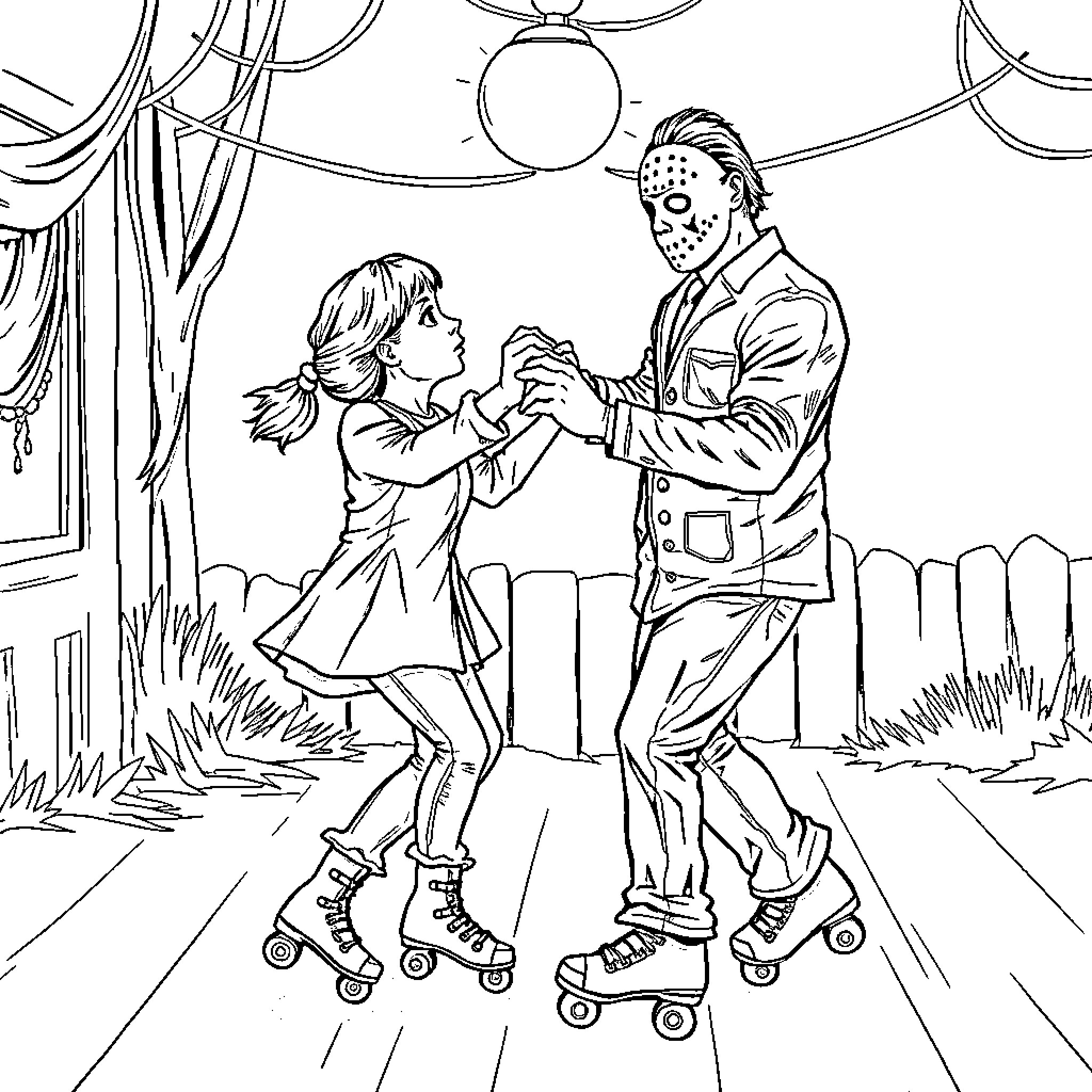 Michael Myers goes rollerblading with a young girl Coloring Page (free black-and-white line drawing printable PDF for all, from beginners to advanced learners, including children, teens, adults, and seniors)