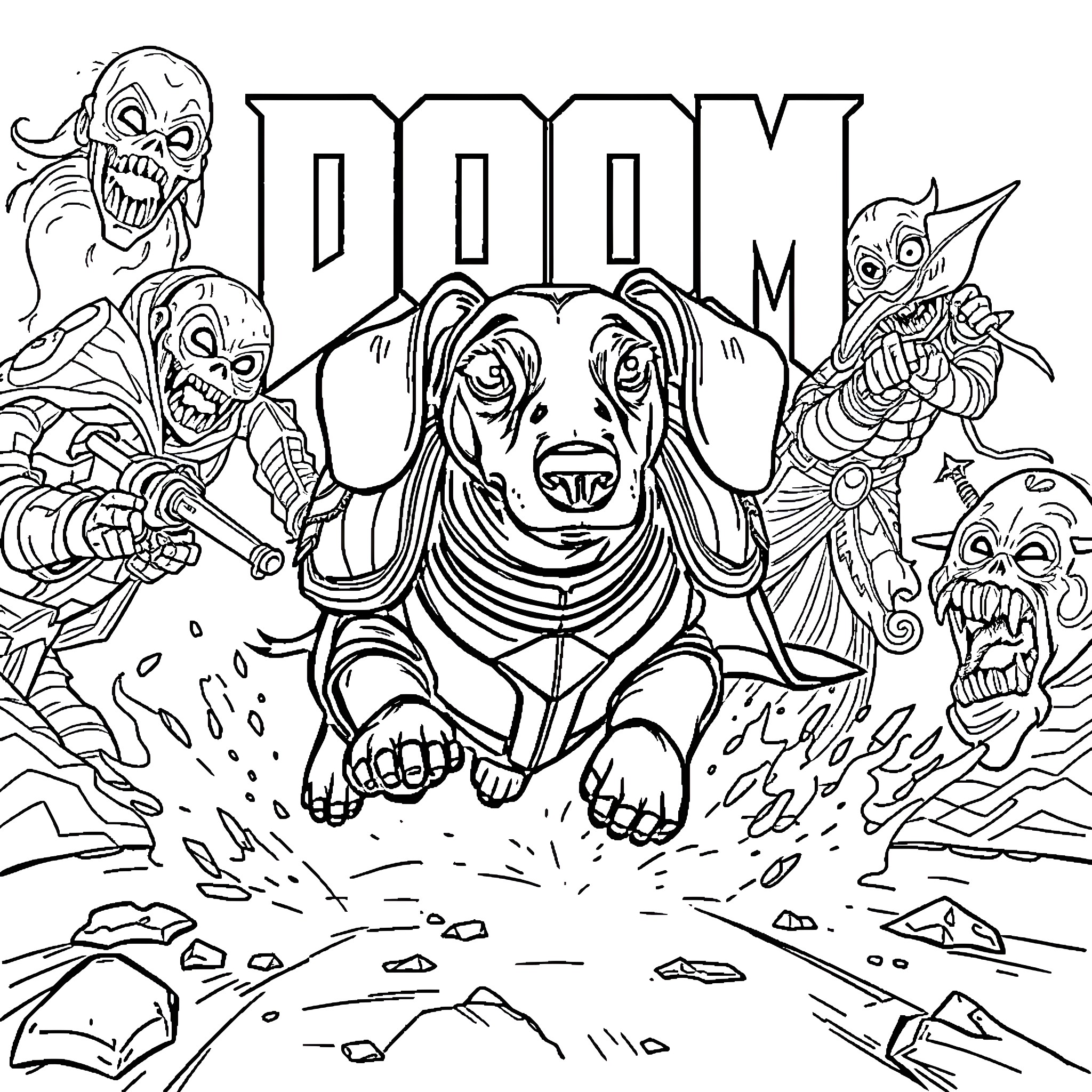 Dachshund in a Doom-themed scene Coloring Page (free black-and-white line drawing printable PDF for all, from beginners to advanced learners, including children, teens, adults, and seniors)