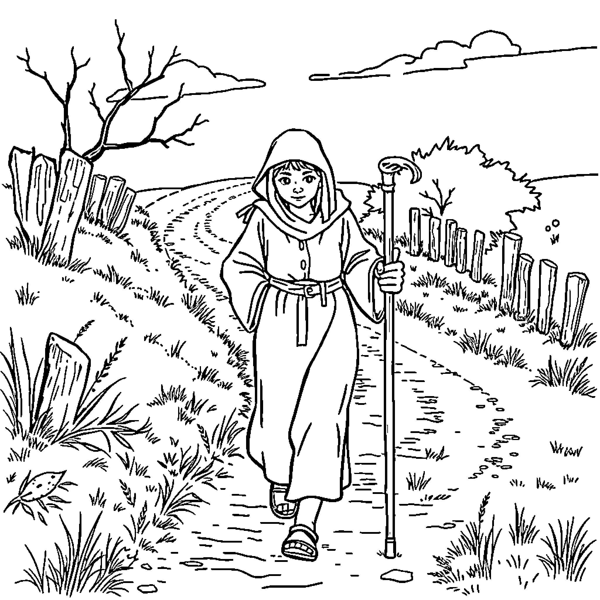 Pilgrim on a Peaceful Nature Walk Coloring Page (free black-and-white line drawing printable PDF for all, from beginners to advanced learners, including children, teens, adults, and seniors)