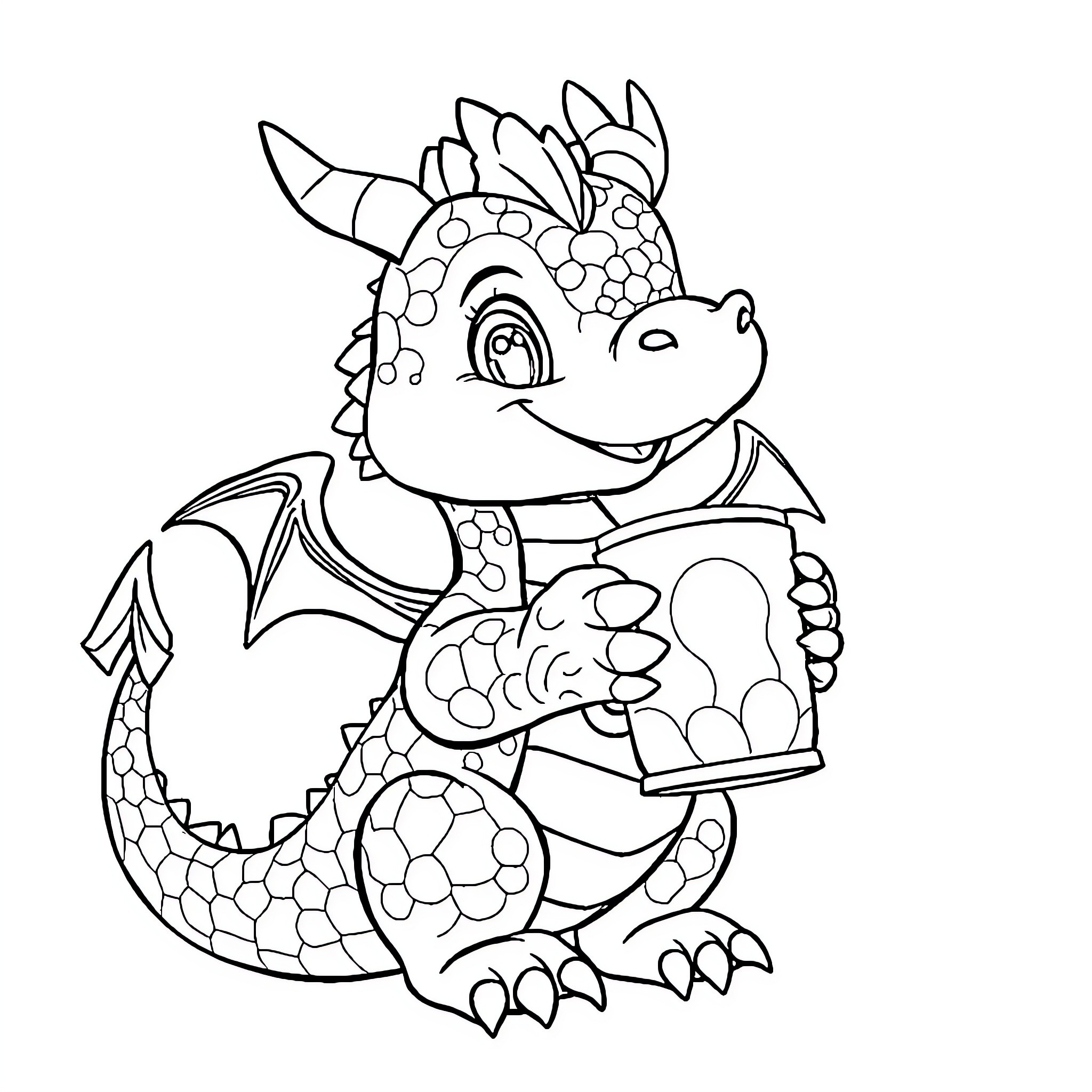 Dragon holding a book with a playful expression Coloring Page (free black-and-white line drawing printable PDF for all, from beginners to advanced learners, including children, teens, adults, and seniors)