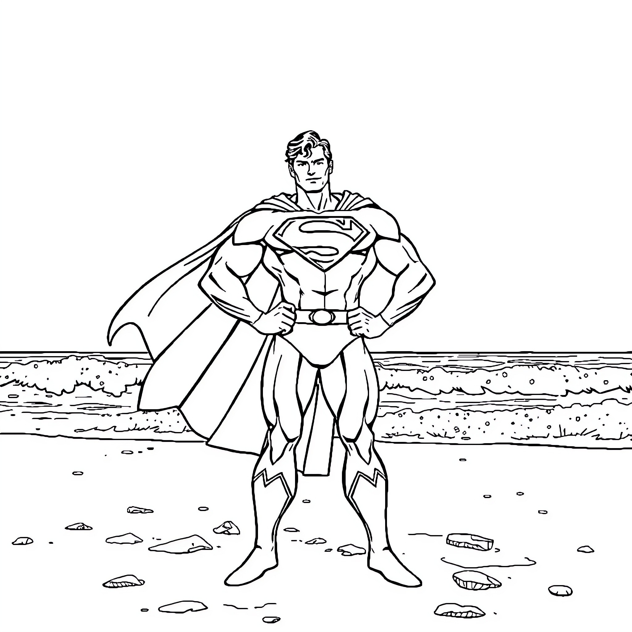 Superman stands heroically on a beach Coloring Page (free black-and-white line drawing printable PDF for all, from beginners to advanced learners, including children, teens, adults, and seniors)