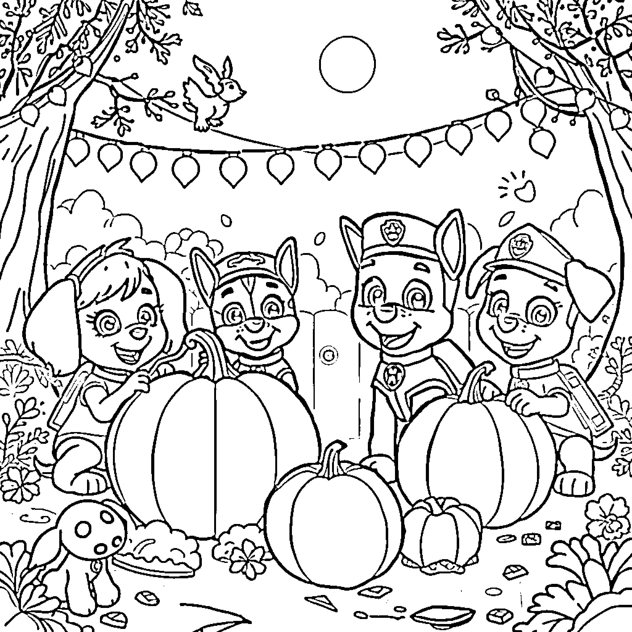 Paw Patrol Pups Explore the Autumnal Outdoors Coloring Page (free black-and-white line drawing printable PDF for all, from beginners to advanced learners, including children, teens, adults, and seniors)