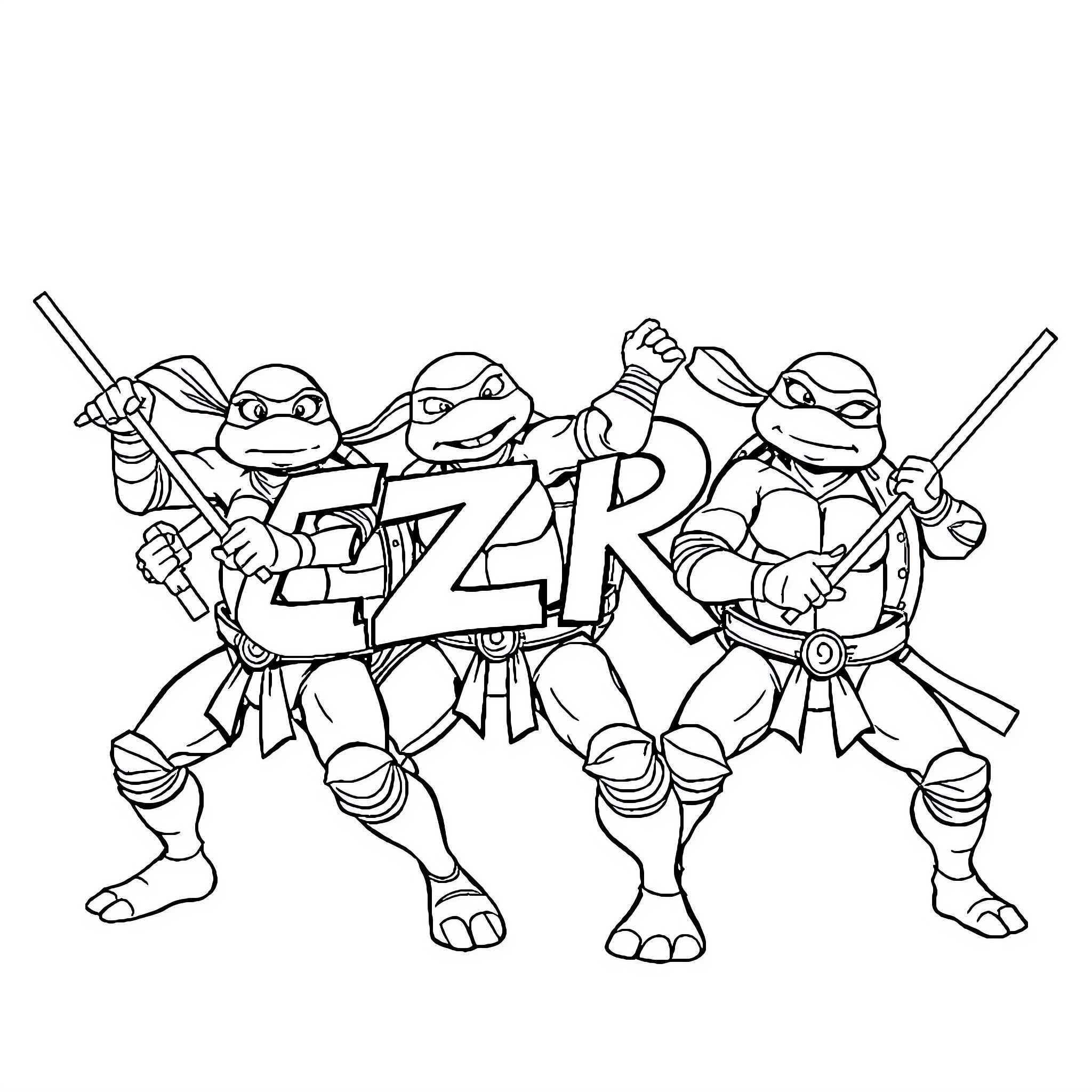 Ninja Turtle heroes in action poses Coloring Page (free black-and-white line drawing printable PDF for all, from beginners to advanced learners, including children, teens, adults, and seniors)