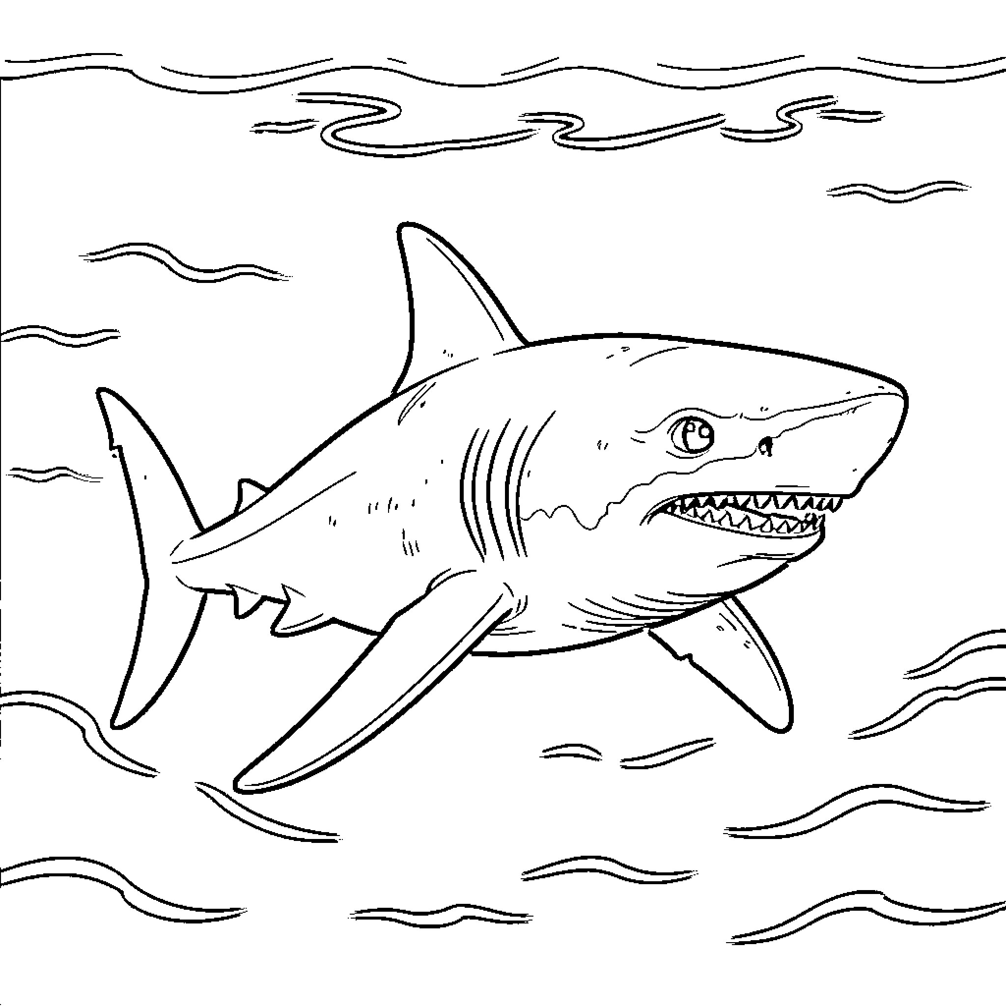 Megalodon shark swimming in the ocean Coloring Page (free black-and-white line drawing printable PDF for all, from beginners to advanced learners, including children, teens, adults, and seniors)