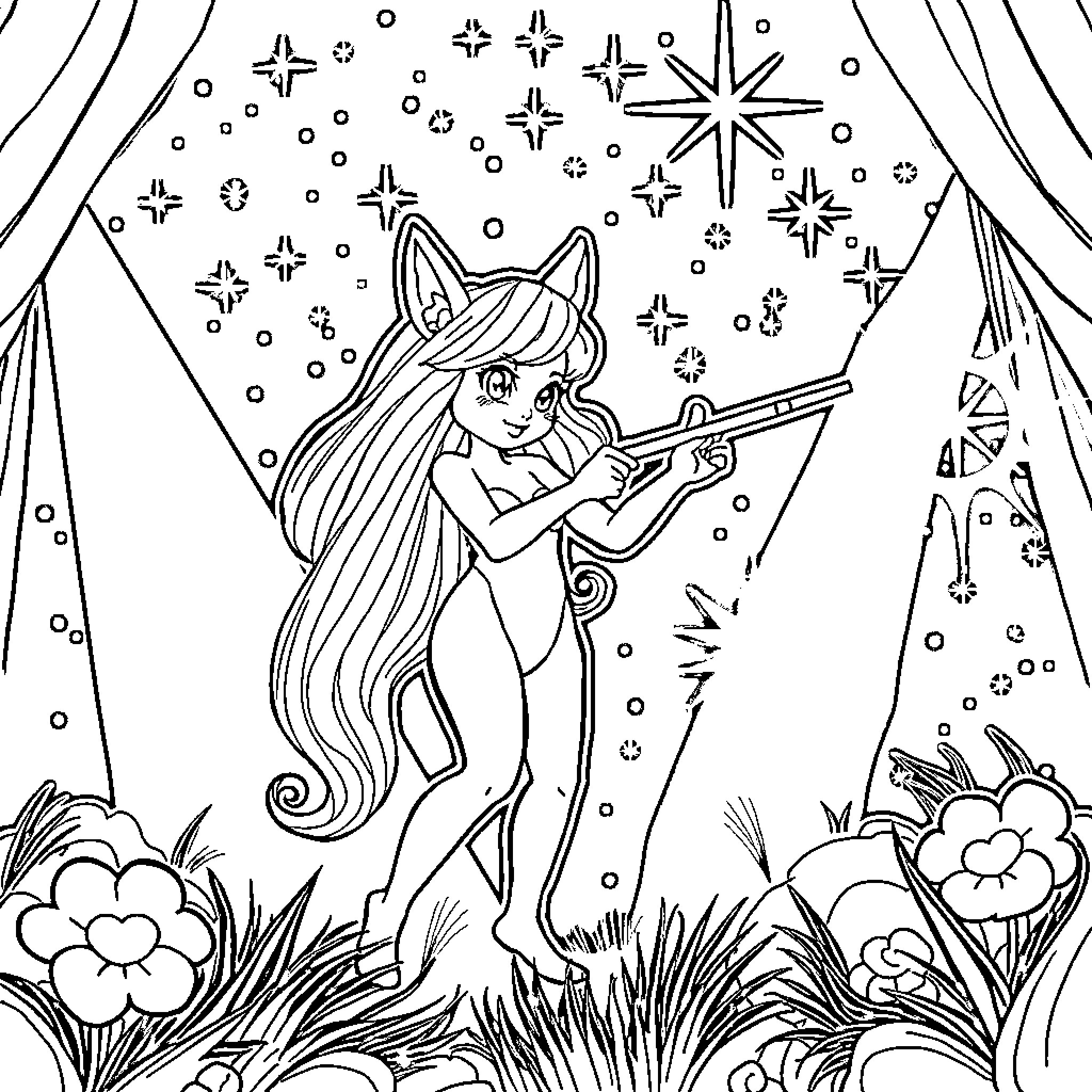 Huntrix's Magical Adventure in the Enchanted Forest Coloring Page (free black-and-white line drawing printable PDF for all, from beginners to advanced learners, including children, teens, adults, and seniors)