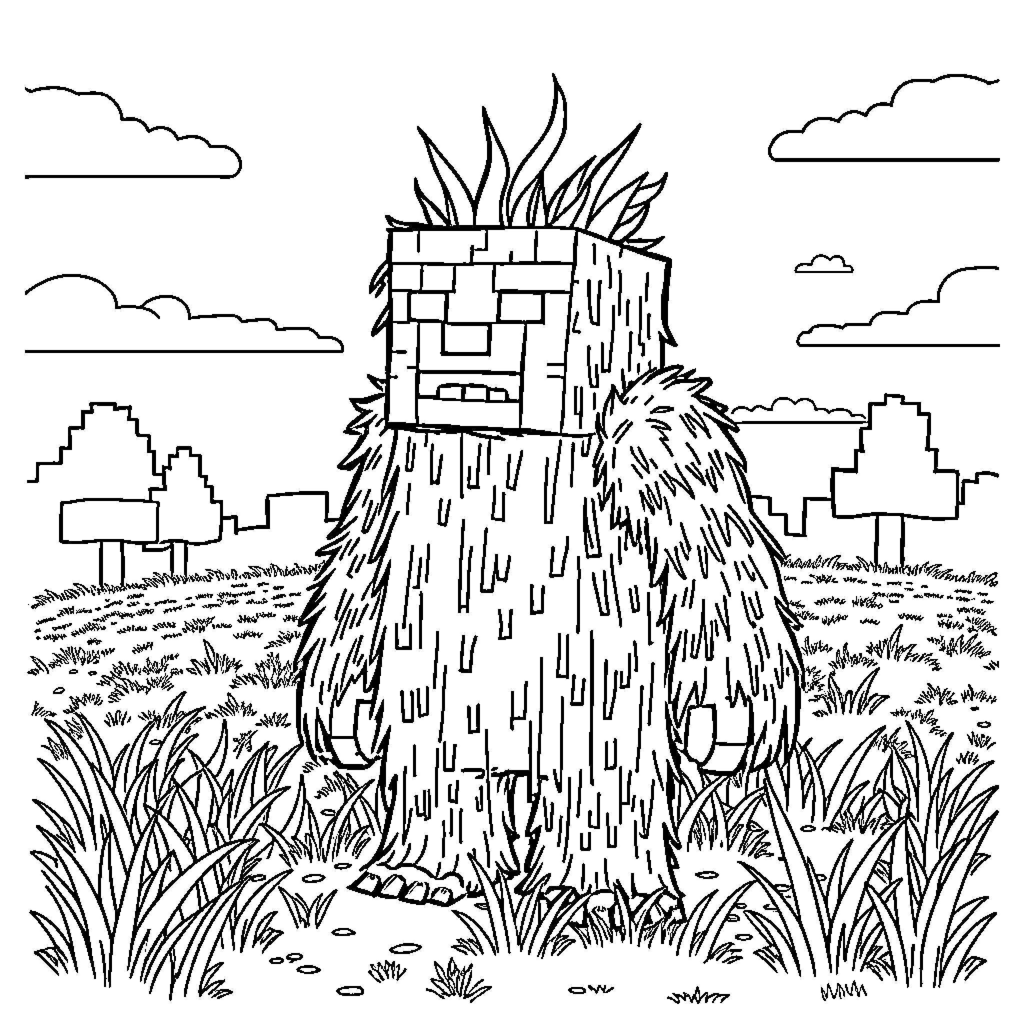 Grass Golem unleashes fiery energy in the city landscape Coloring Page (free black-and-white line drawing printable PDF for all, from beginners to advanced learners, including children, teens, adults, and seniors)